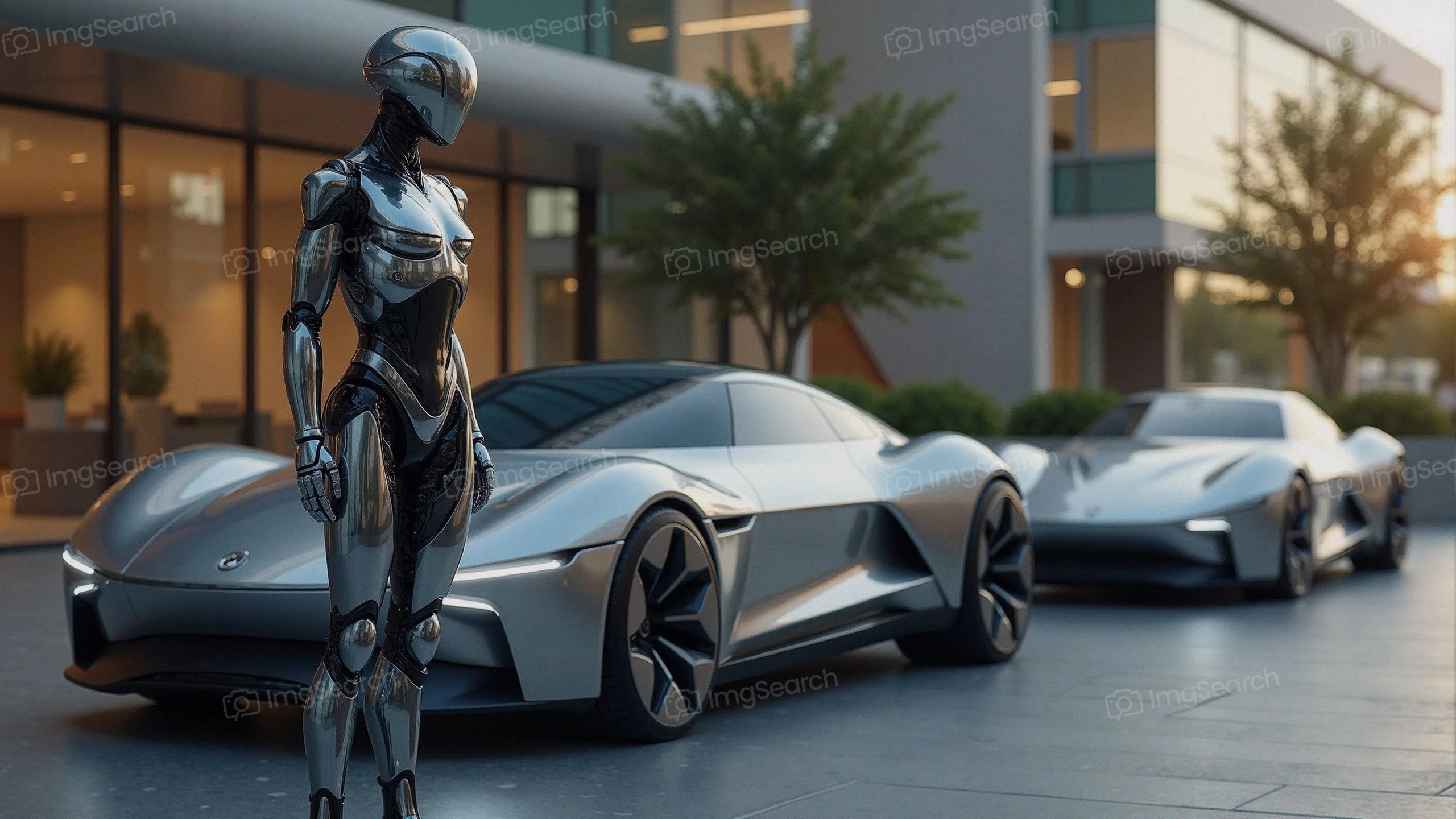 A humanoid robot stands in front of two futuristic cars in a modern setting.