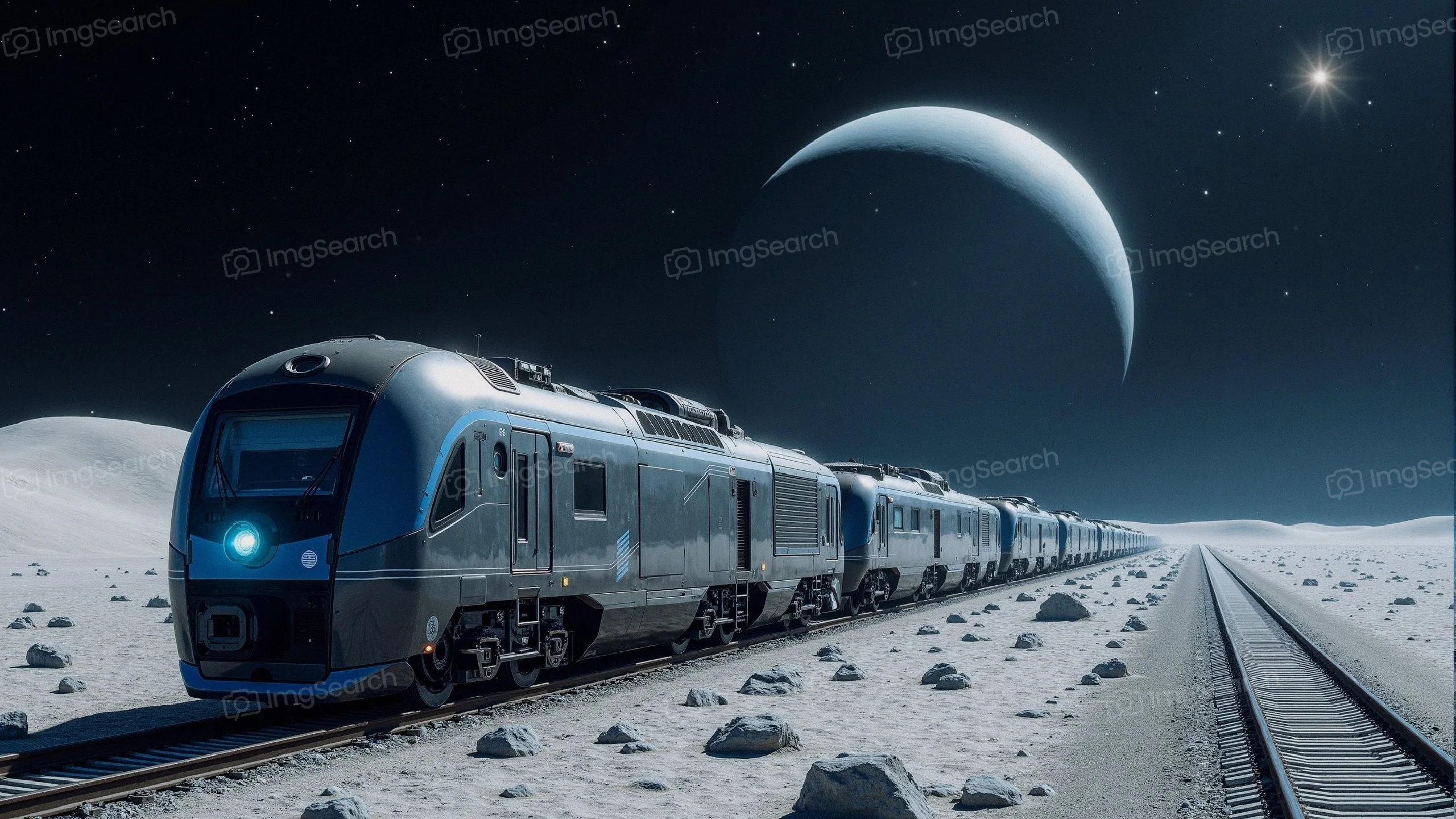 A futuristic train traveling on a moonlit track beneath a large gas planet.