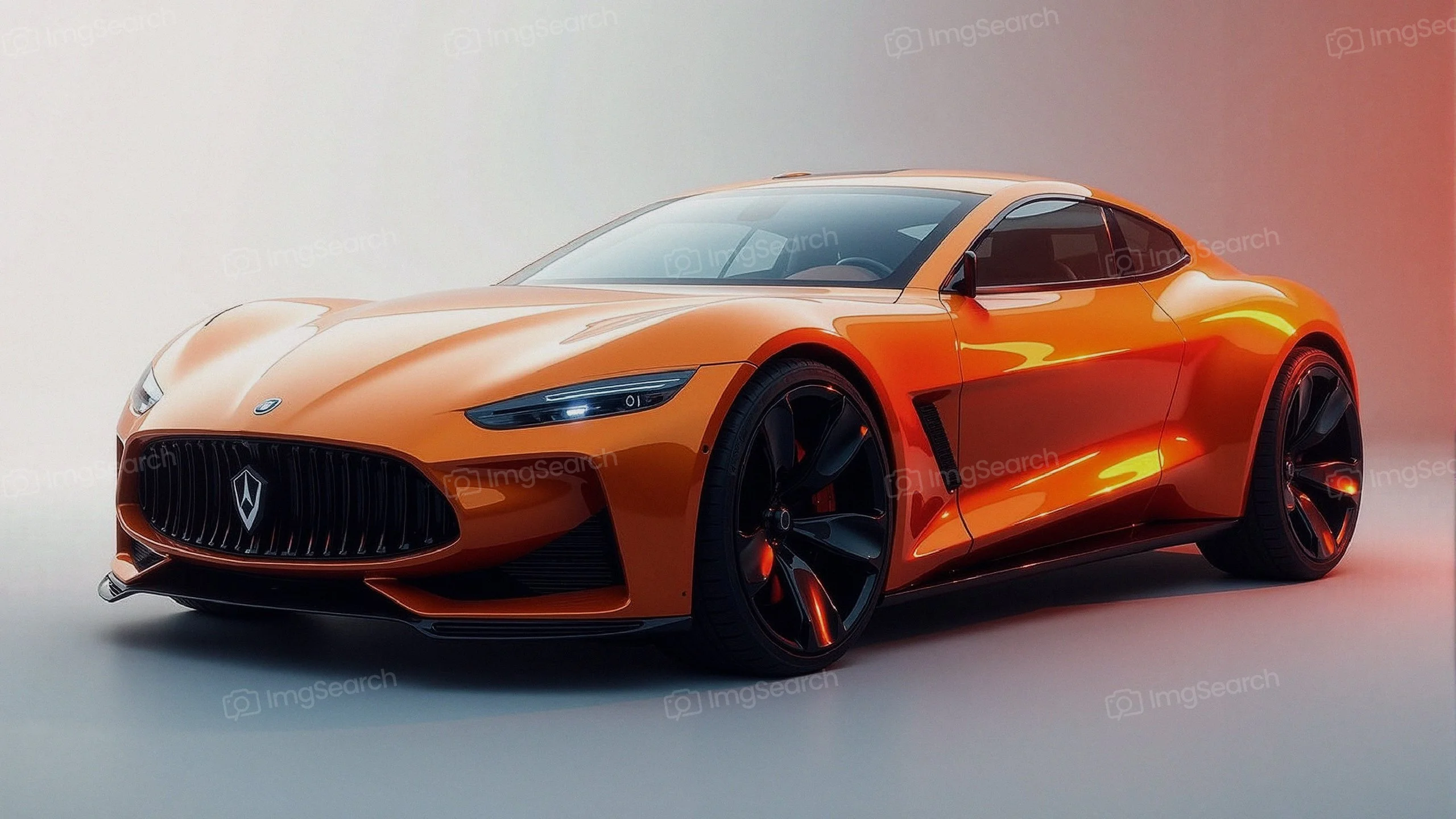 Close-up of a futuristic orange sports car with a modern design