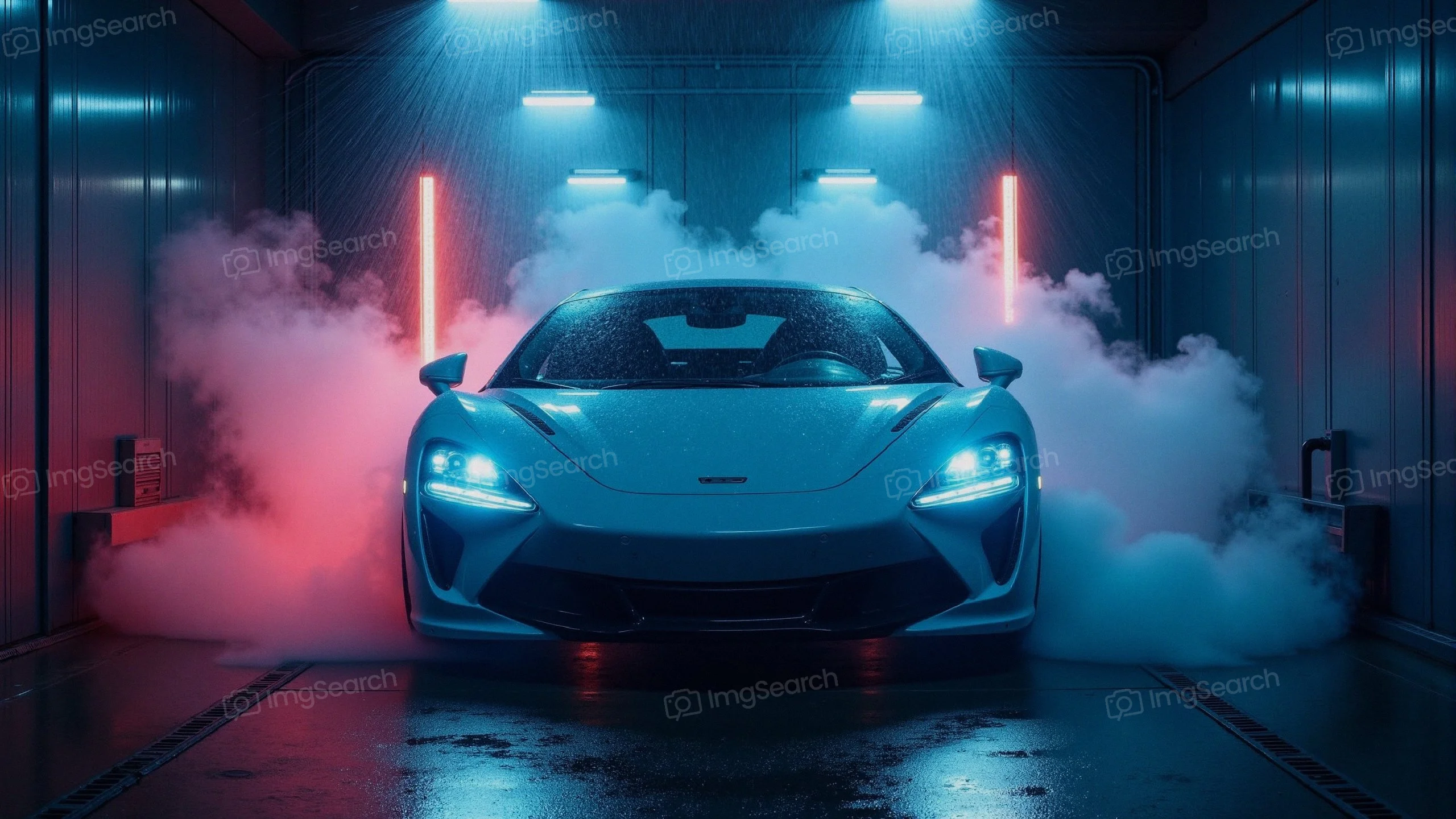 Futuristic sports car with neon lights smoke effects
