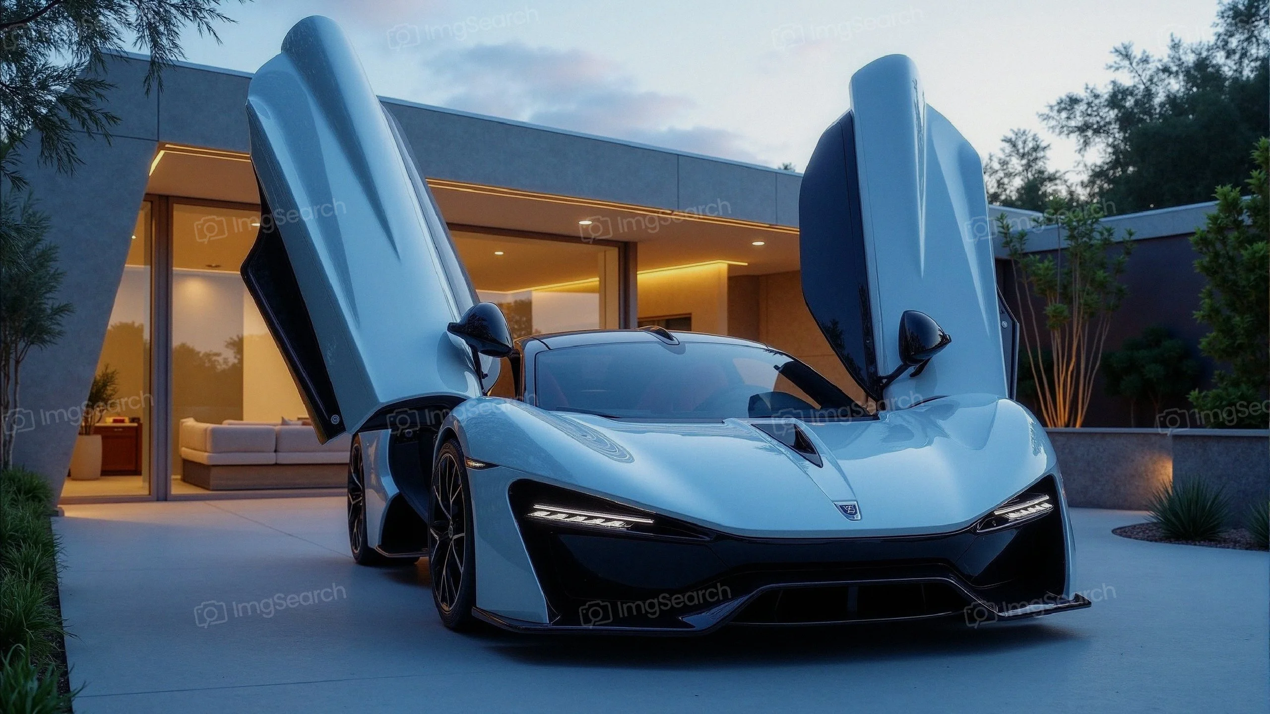 A futuristic sports car with butterfly doors is parked in front of a modern house at dusk.