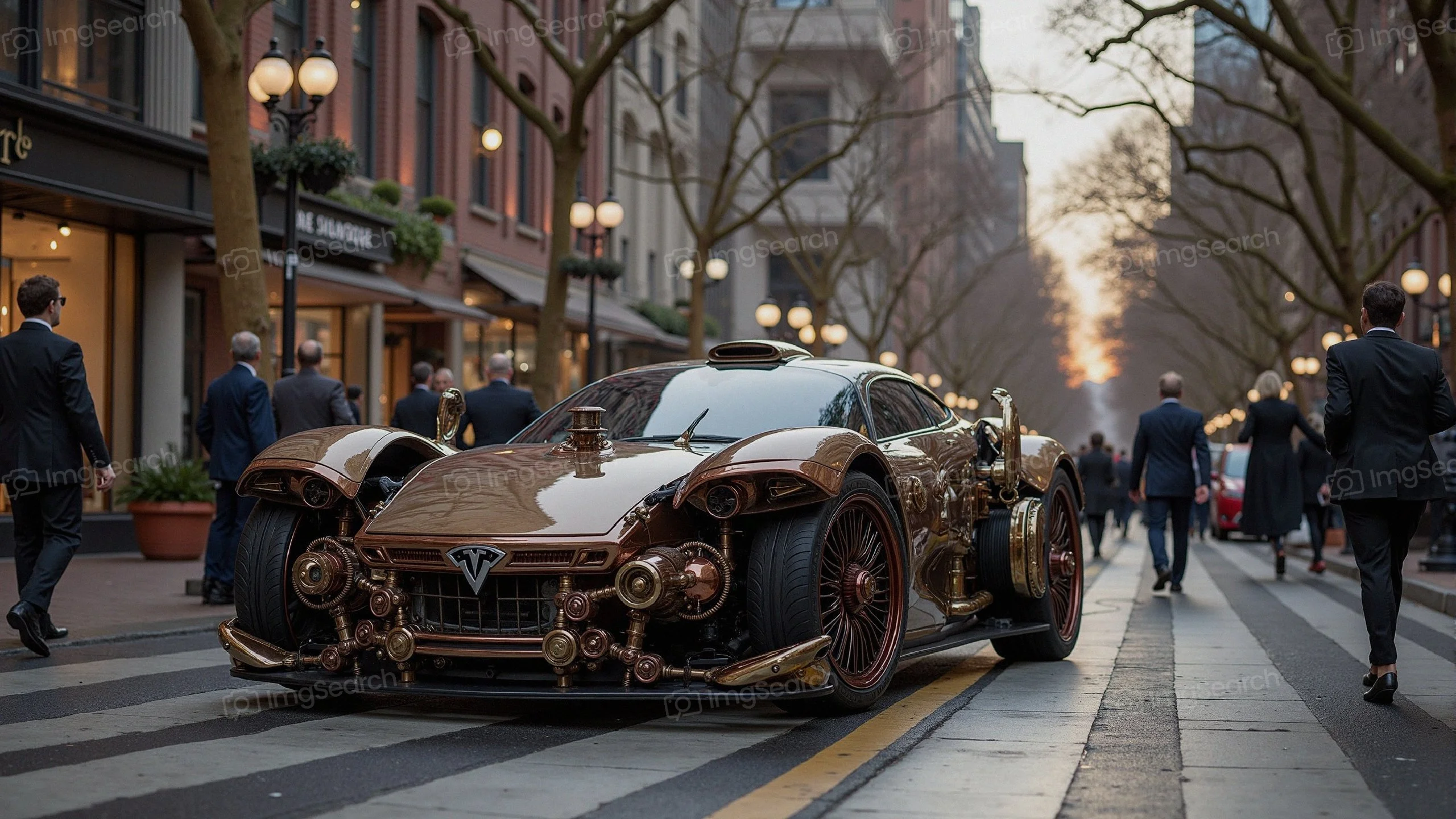 A custom futuristic car parked in a lively city street with pedestrians in elegant attire.