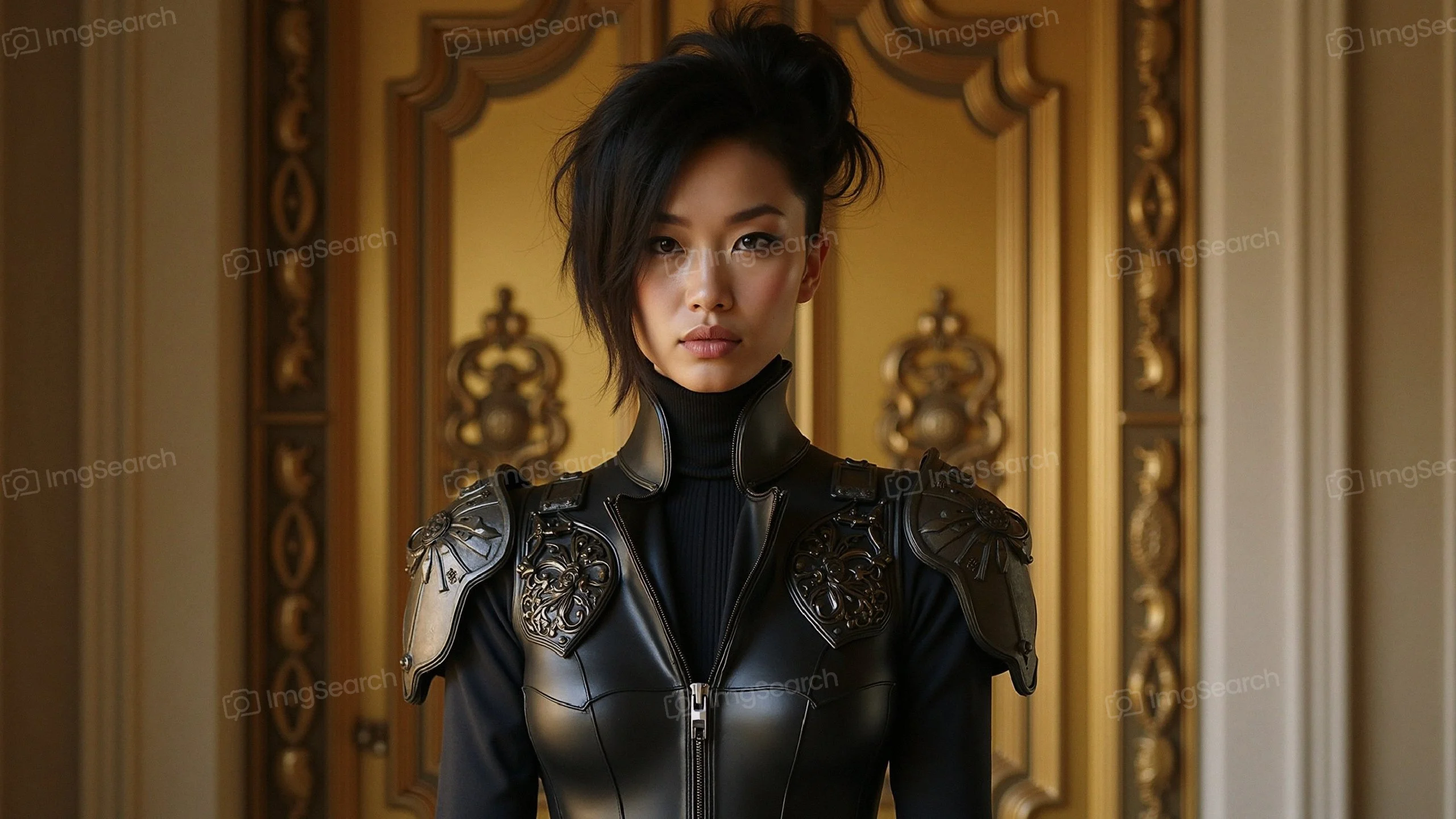 Portrait of a confident woman in a black leather outfit with metallic details, standing before a golden door.