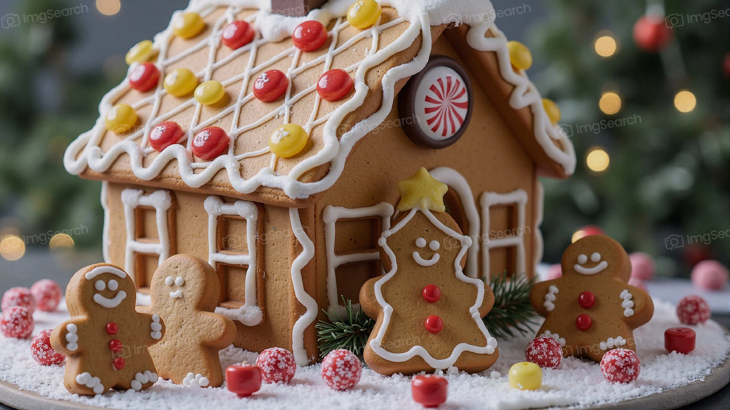 A beautifully decorated gingerbread house with colorful candies gingerbread figures, set in a festive atmosphere.
