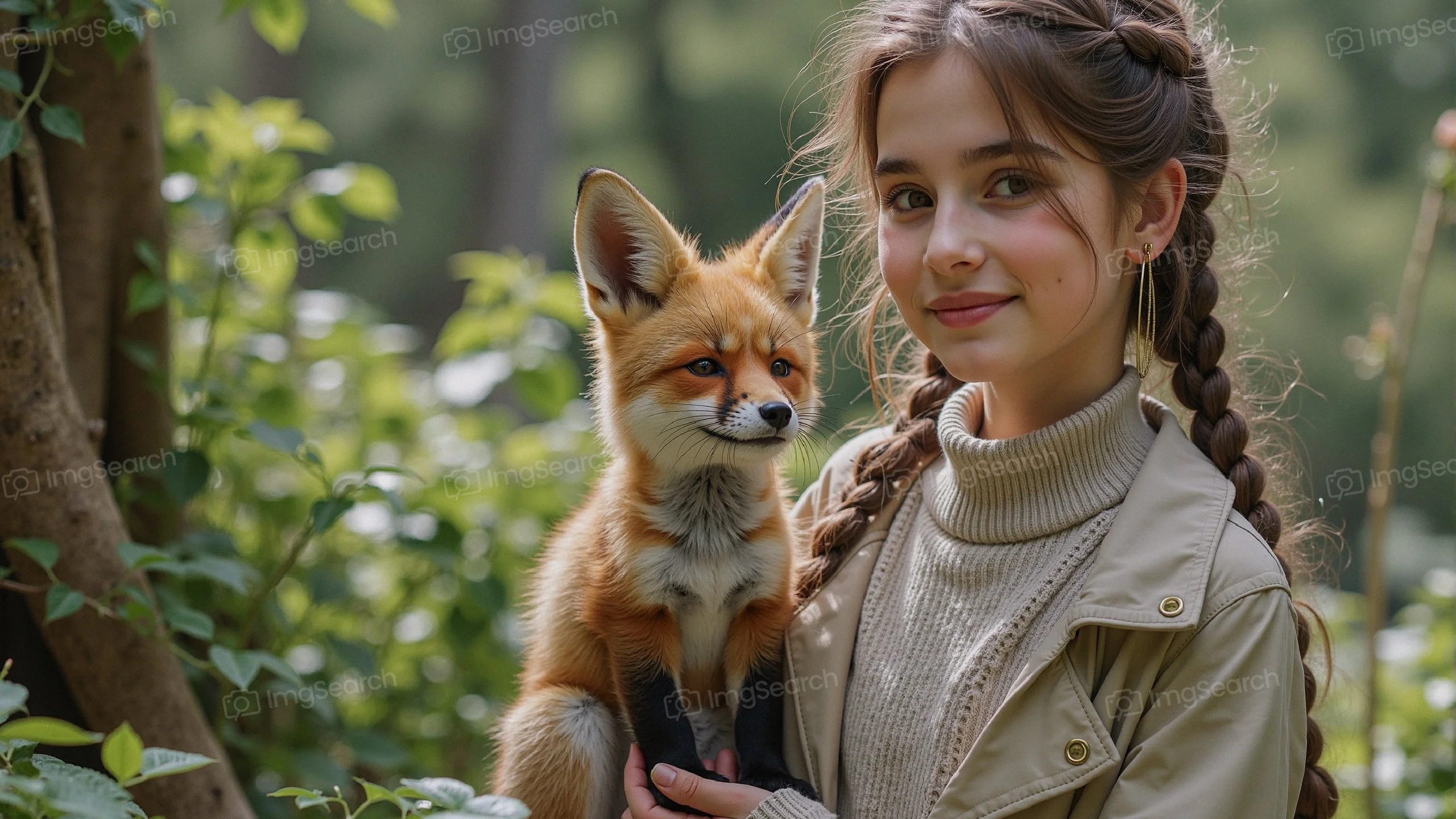 A young girl holding a fox in a lush green setting.