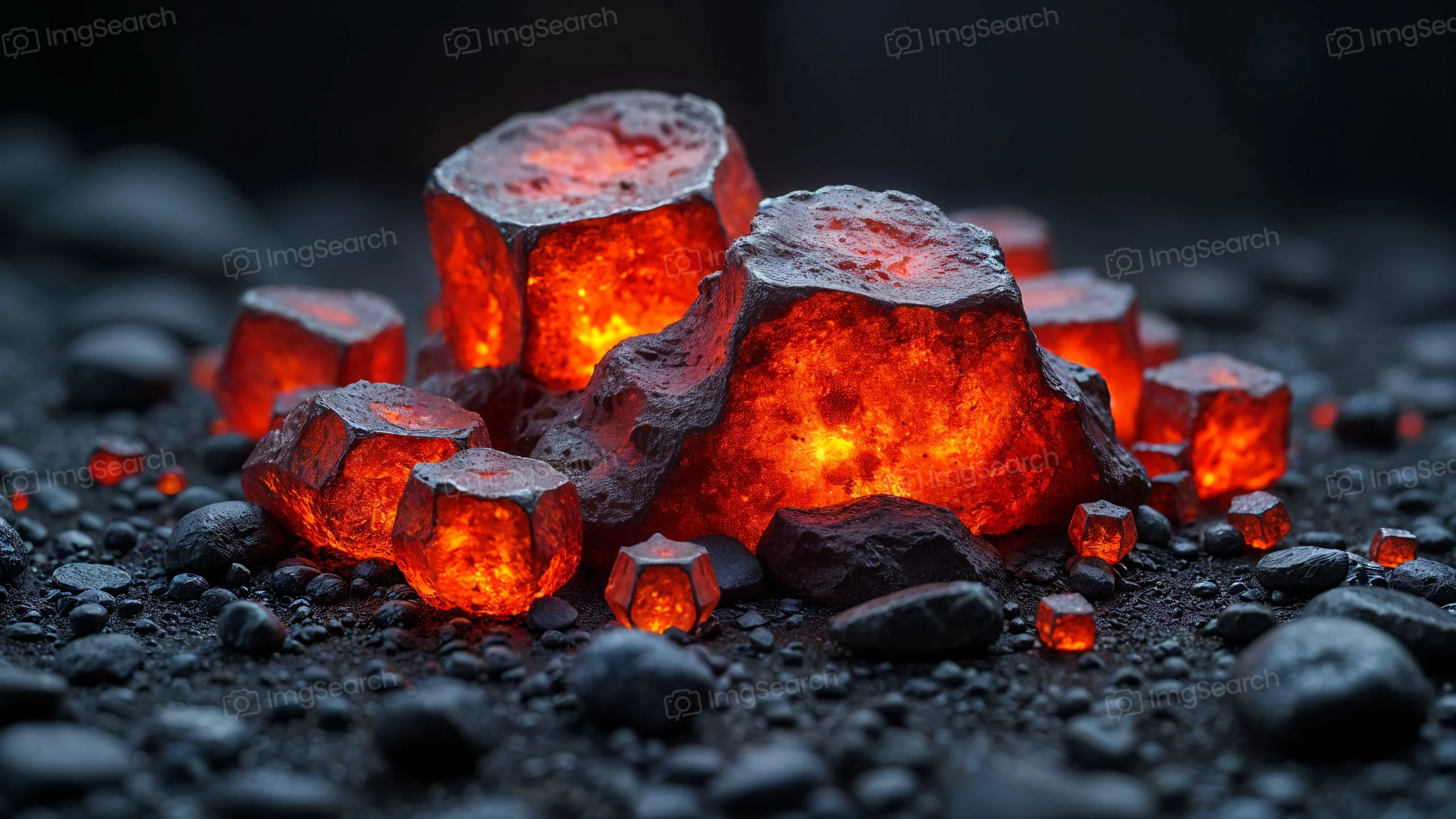 A group of glowing orange-red lava rocks on a dark surface with small pebbles.