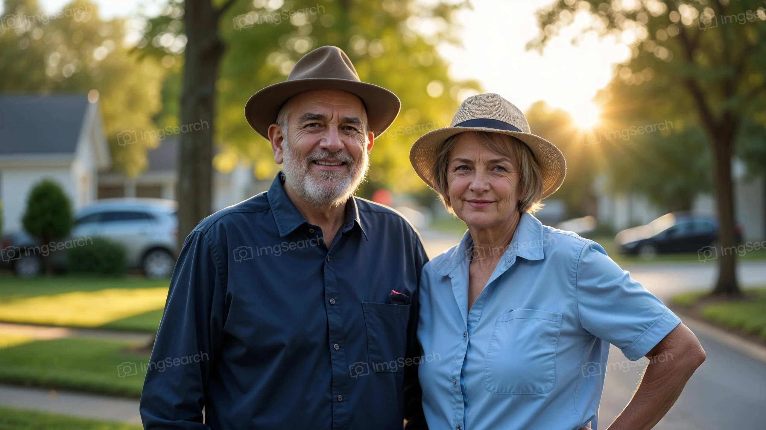 Elderly couple smiling together in a sunlit neighborhood, wearing hats.