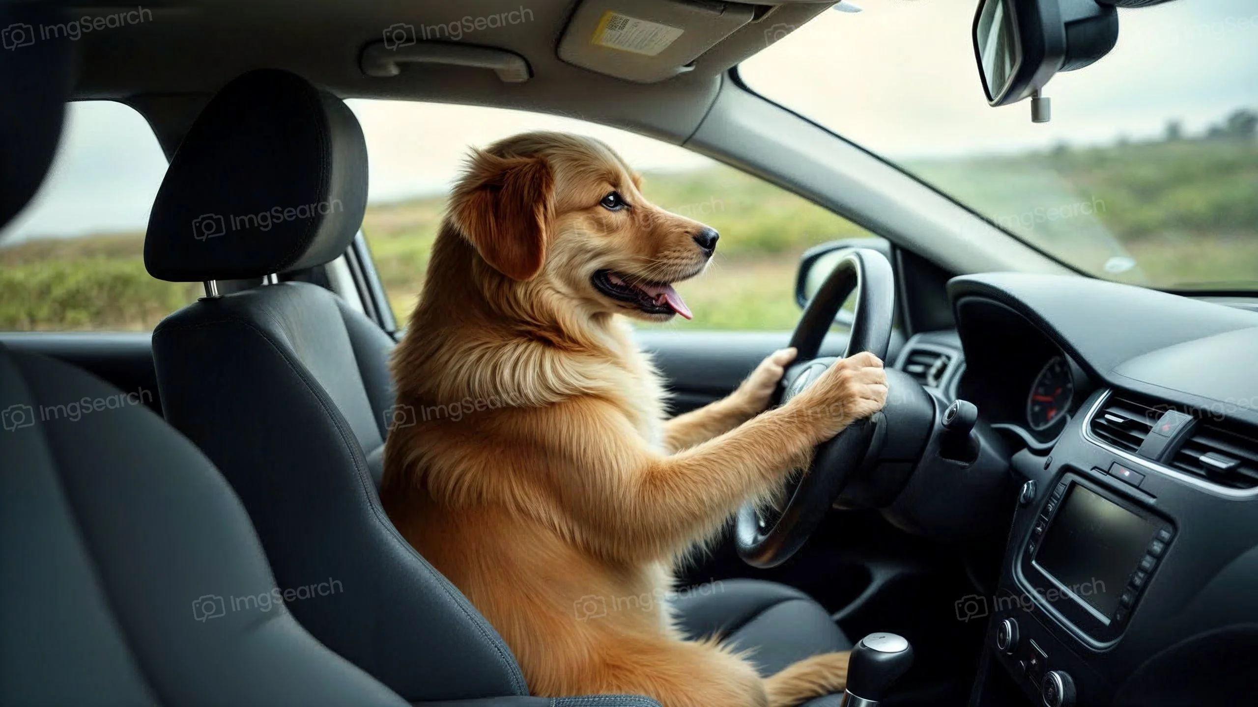 A golden retriever in a car driver's seat with paws on the steering wheel.