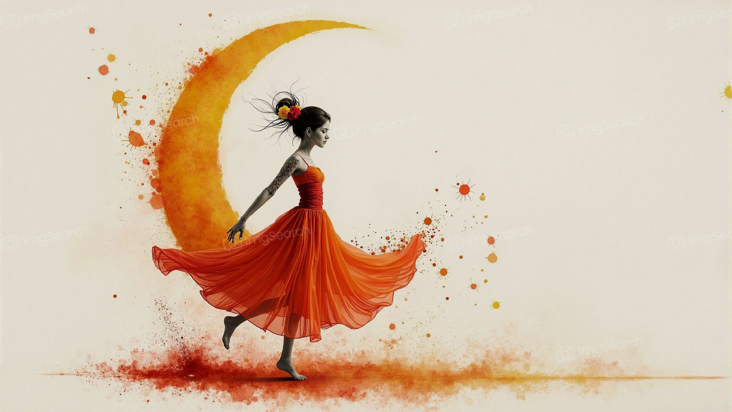 Silhouette of a girl in an orange dress dancing next to a crescent moon.