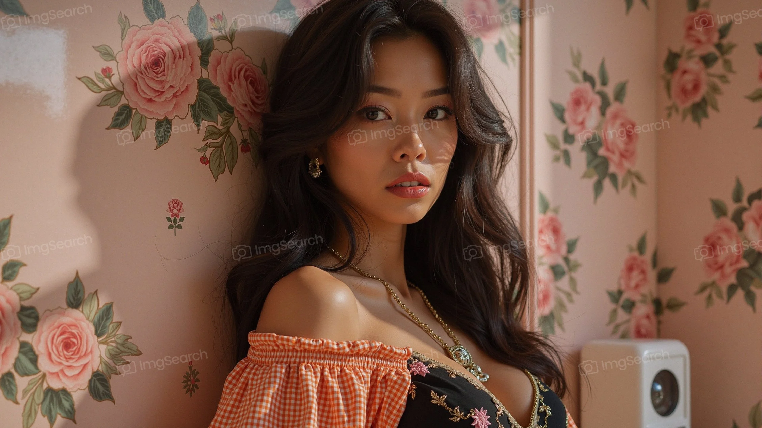 Portrait of a young woman with long hair in front of floral wallpaper