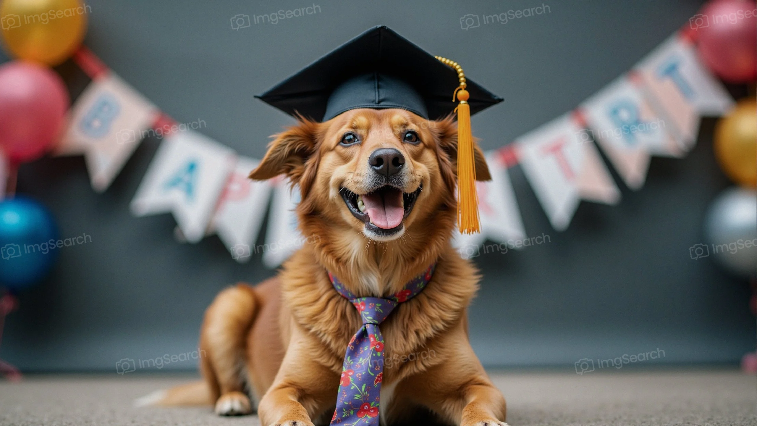 A happy dog in a graduation cap tie surrounded by balloons.