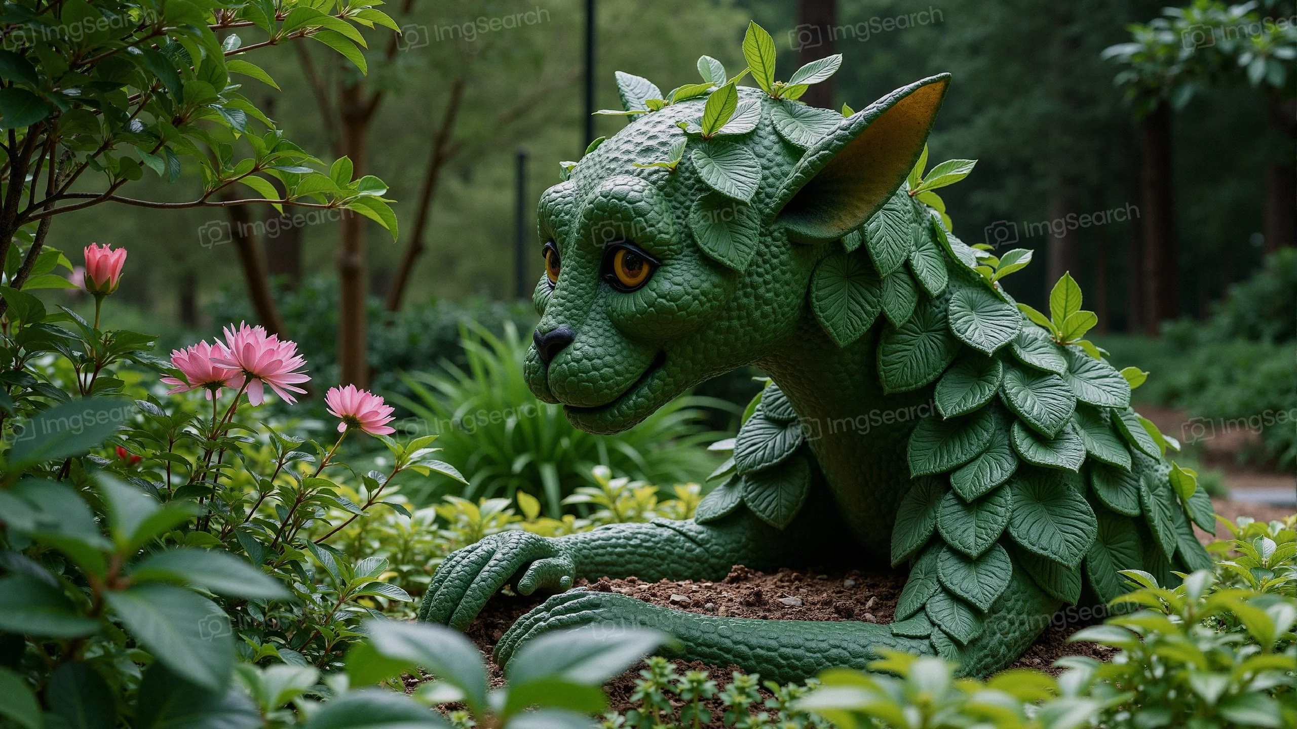 A green leaf-covered creature admiring flowers in a garden.