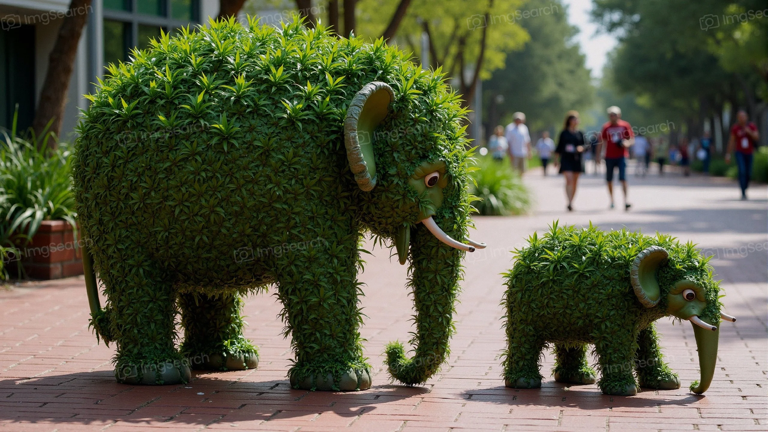Two elephants made of green leaves foliage walking on a sidewalk in an urban environment