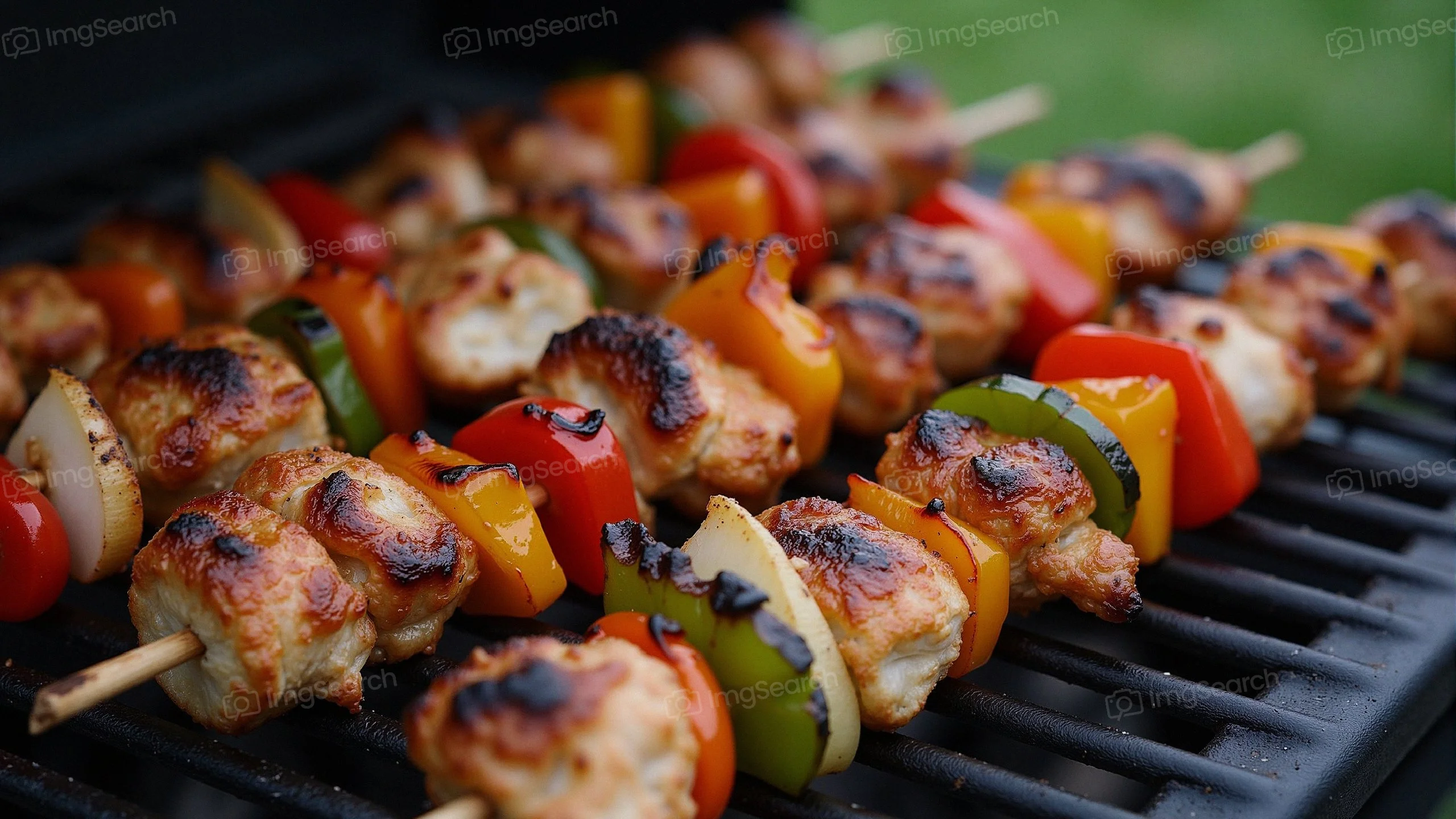 A close-up of grilled chicken colorful vegetable kebabs on a barbecue grill.