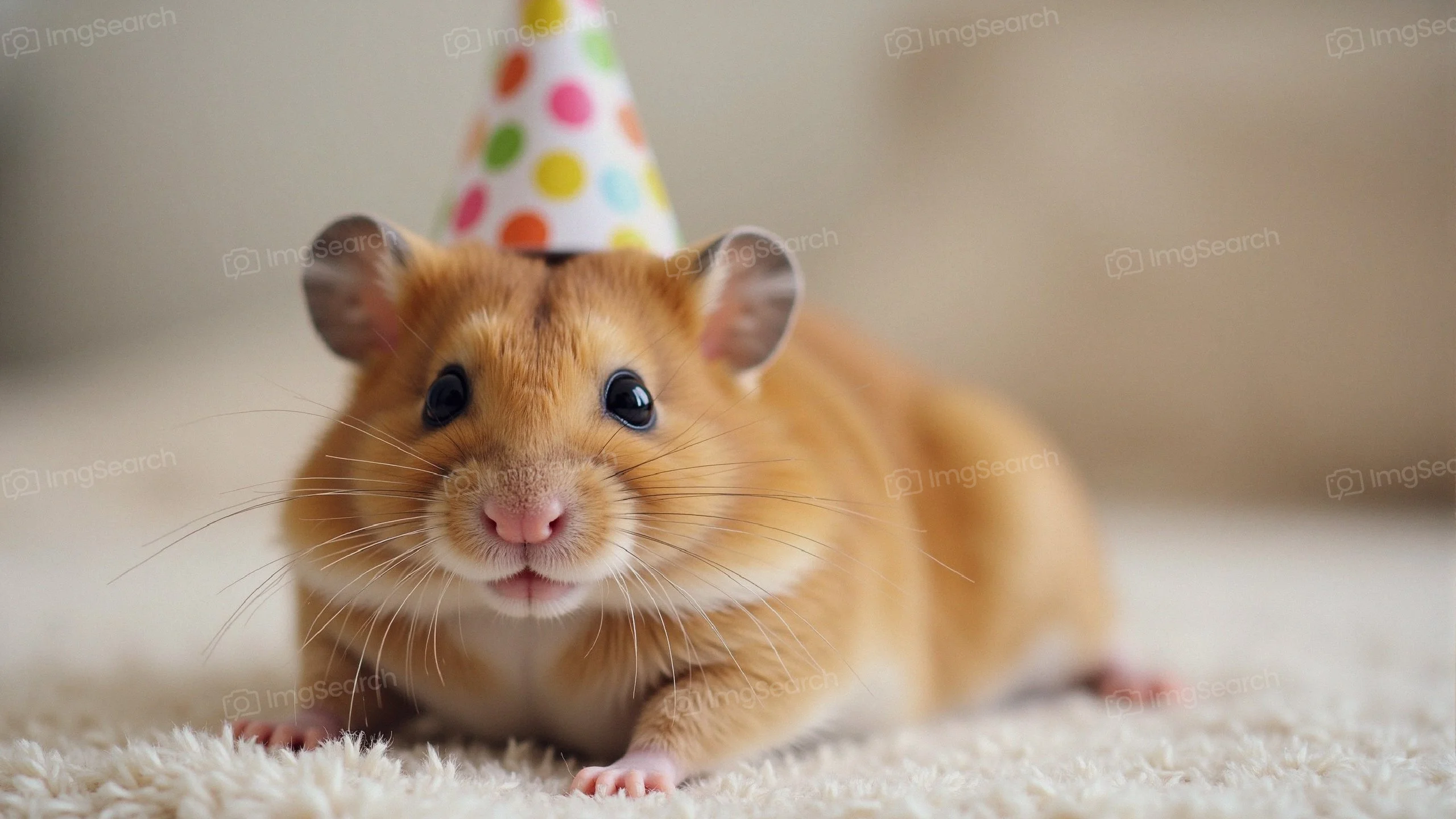 A hamster with a party hat on a soft surface