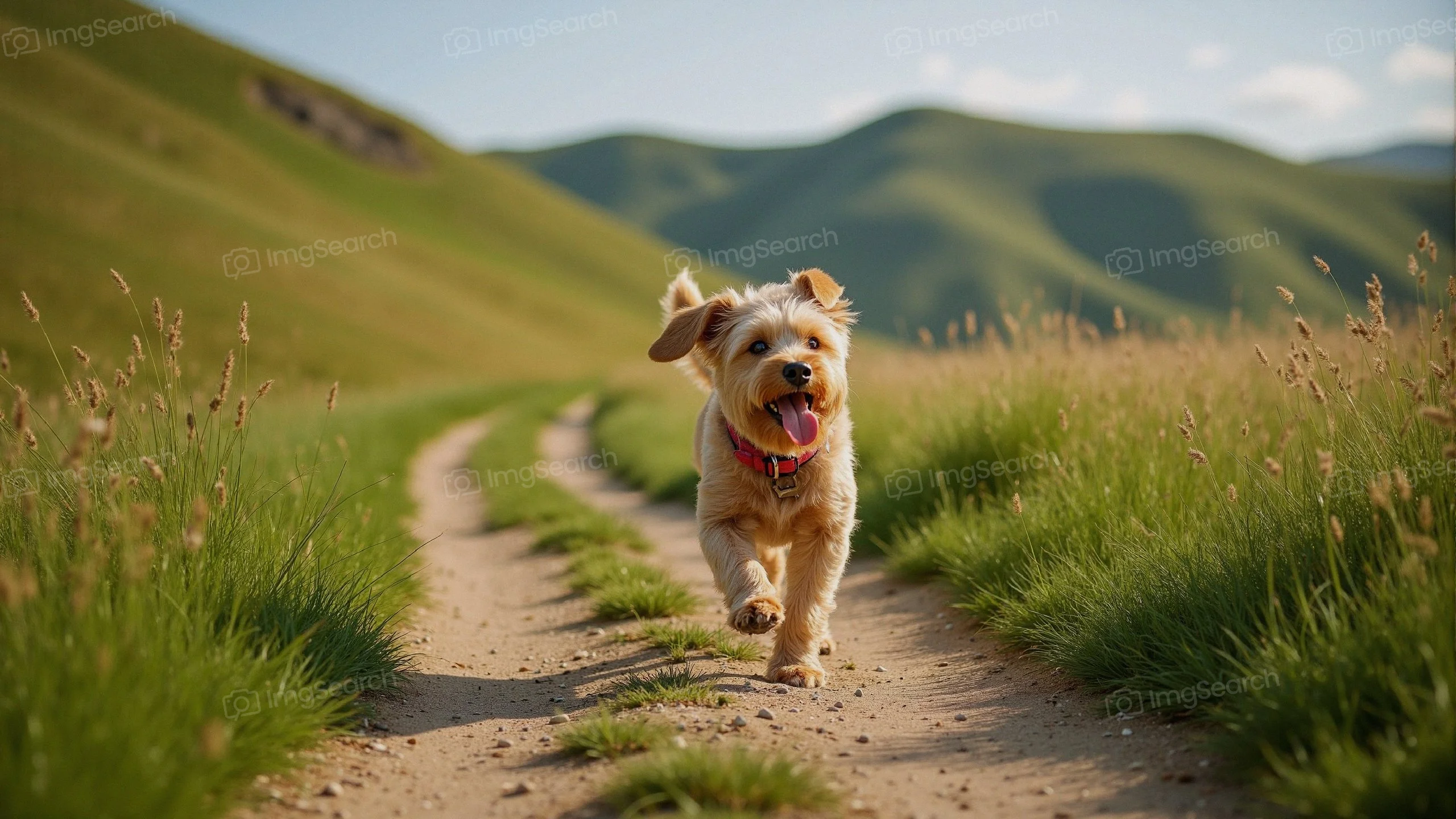 Dog running on a grassy path in a scenic landscape