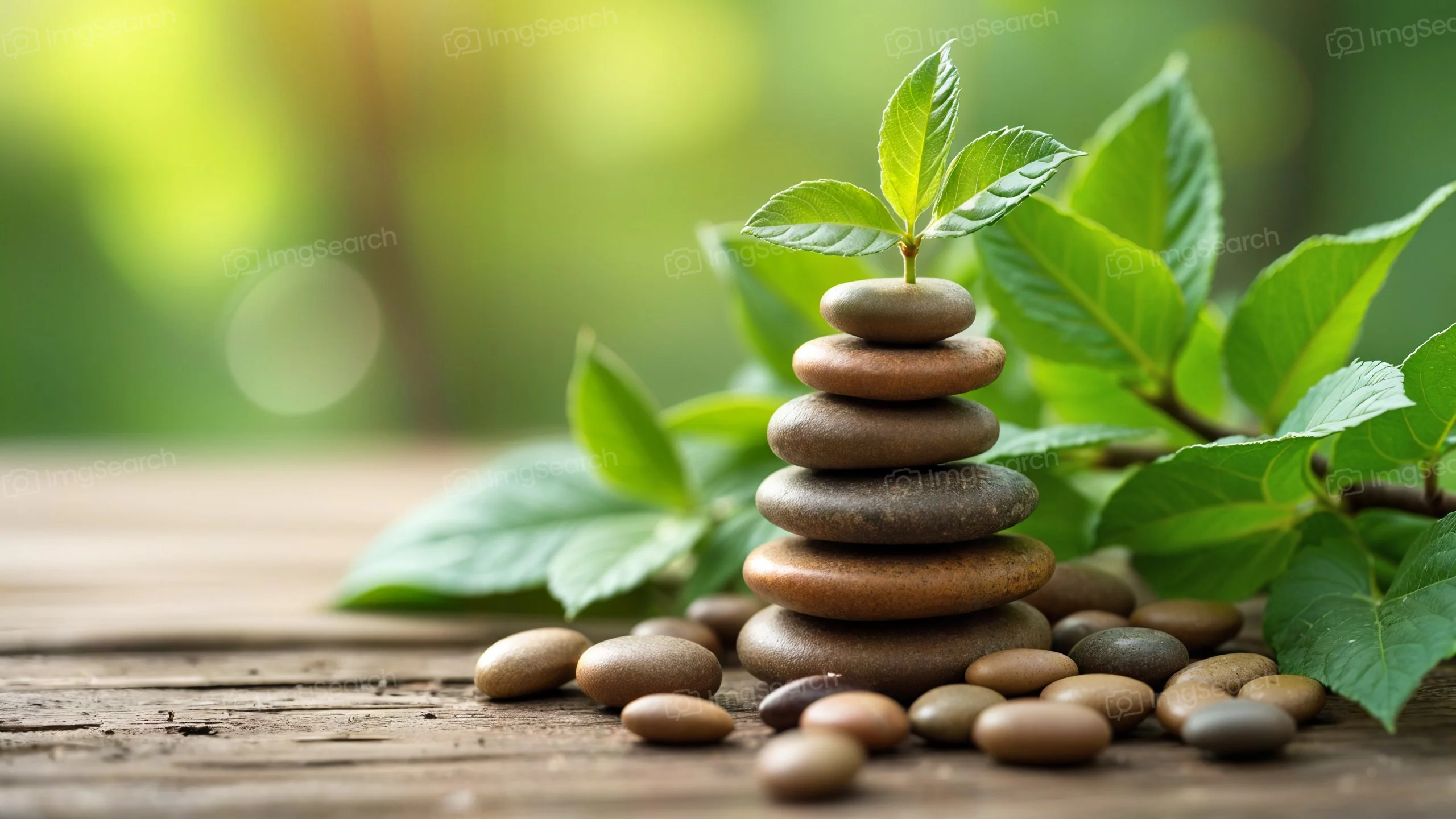 A stack of smooth stones with a green plant on top, surrounded by leaves.