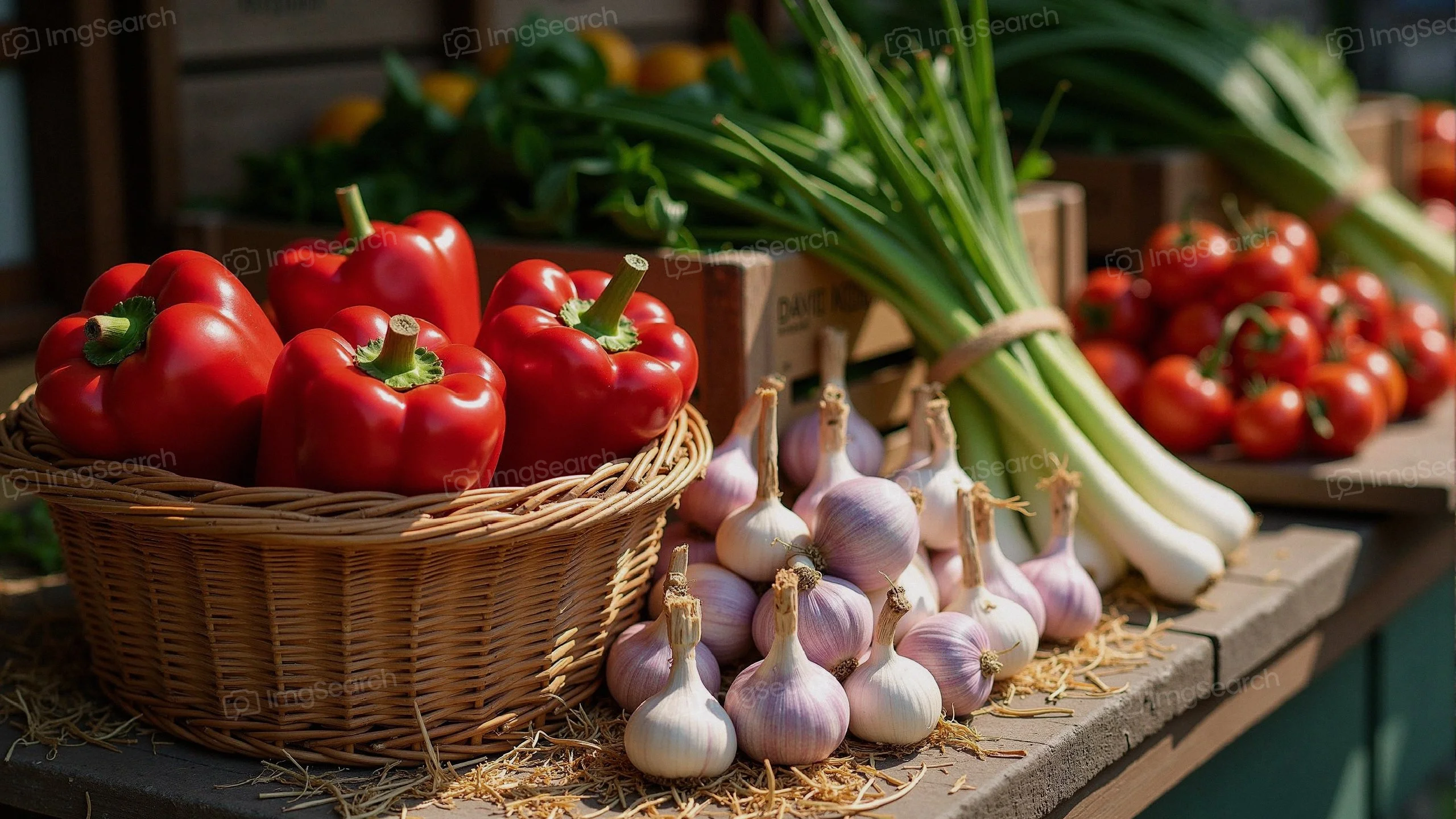 A basket of red bell peppers alongside garlic green onions in a market setting