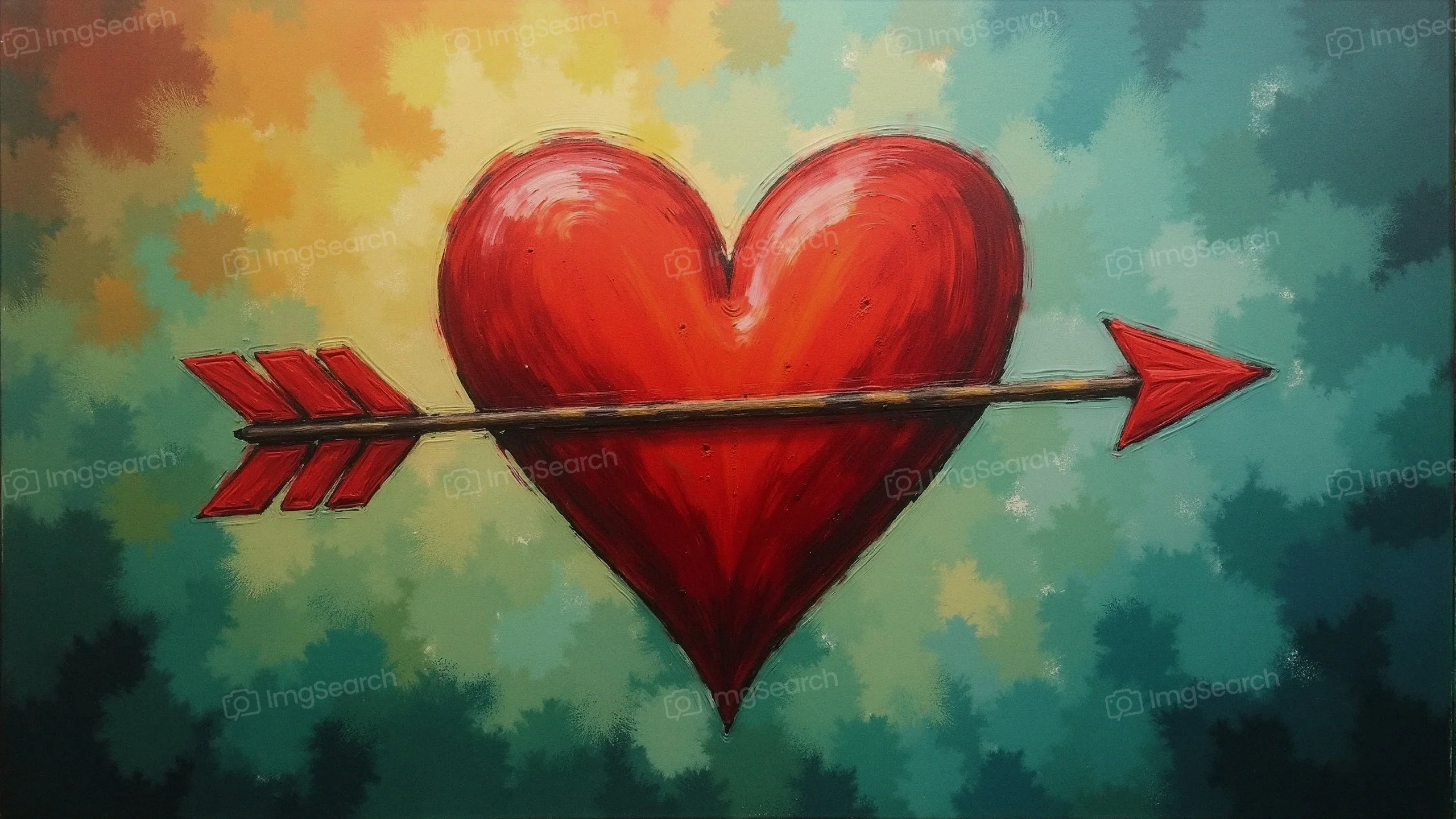 A red heart with an arrow through it on a colorful background.