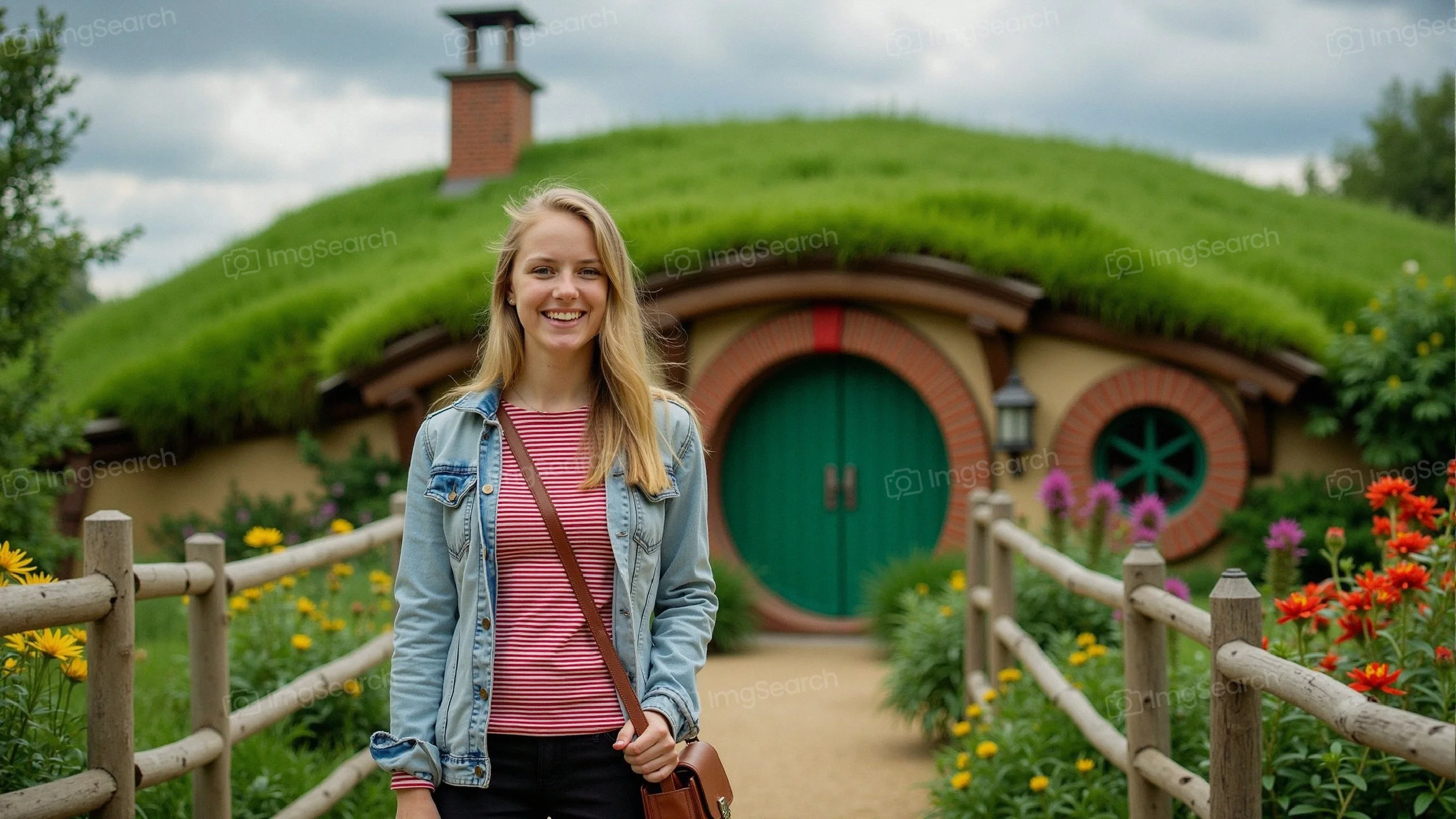 A young woman smiling in front of a Hobbit-style house with a green roof colorful flowers.