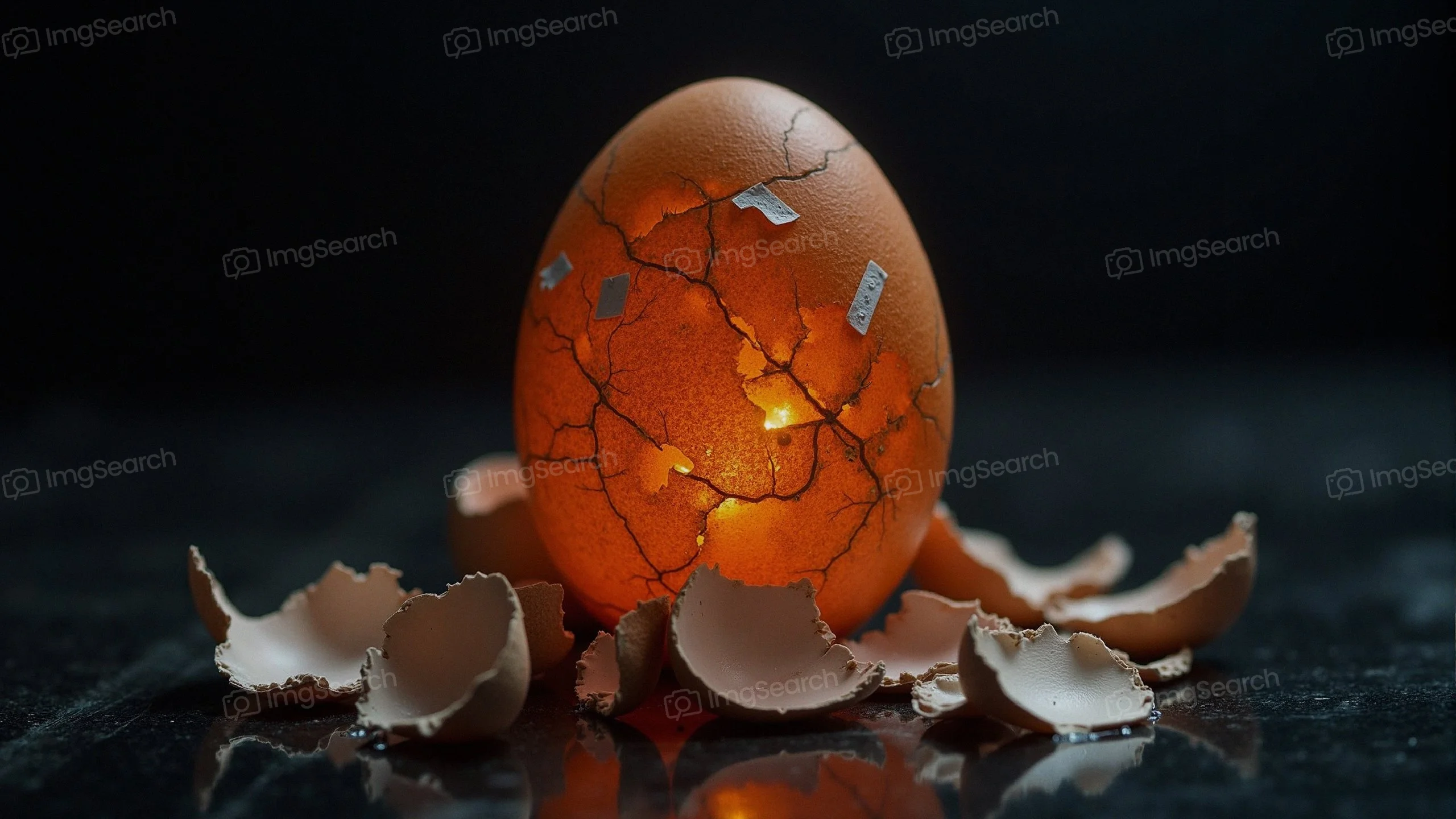 Close-up of a cracked egg with glowing light inside, surrounded by eggshell fragments on a dark surface.