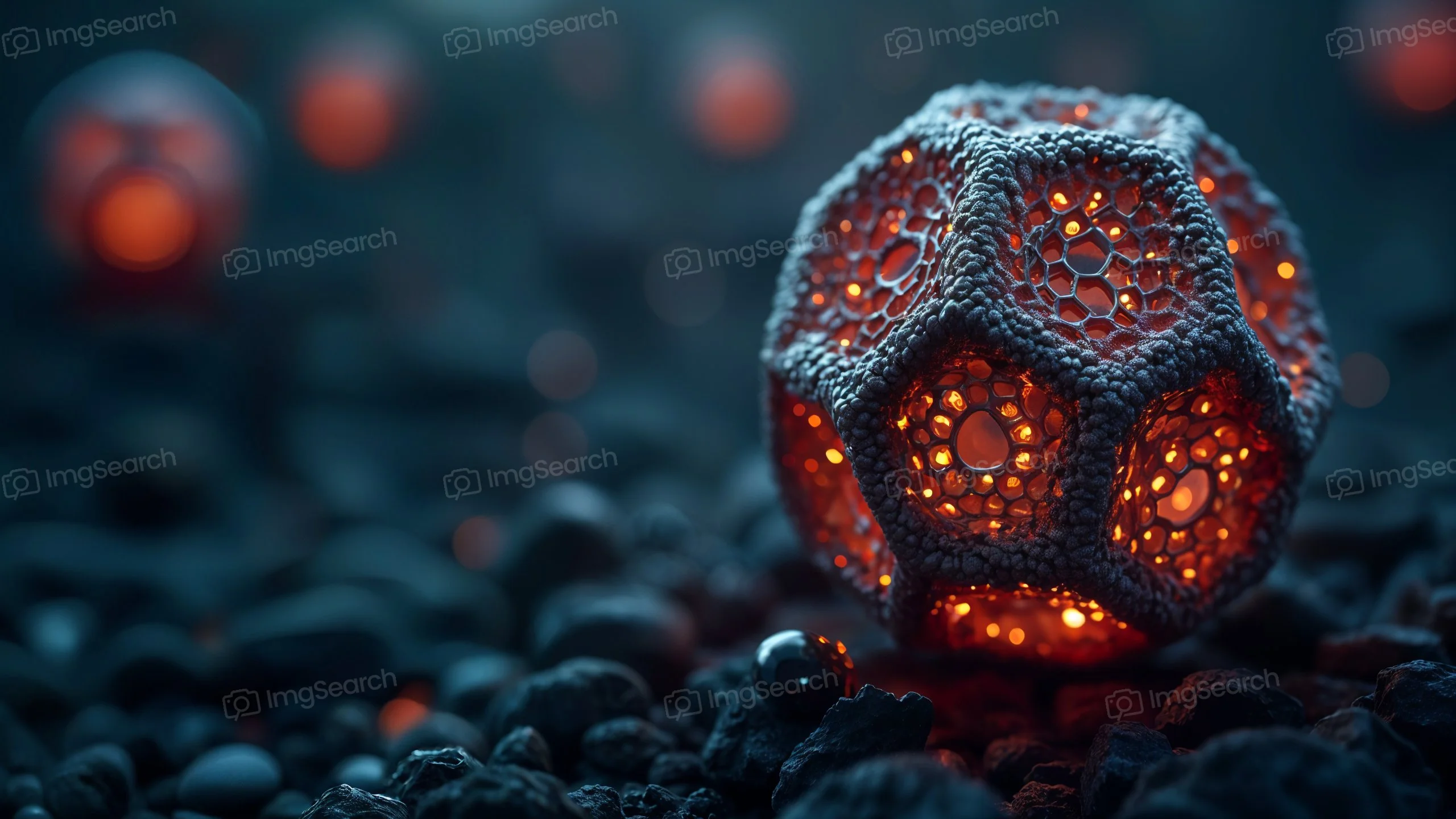 A glowing geometric structure with a honeycomb pattern on a textured surface