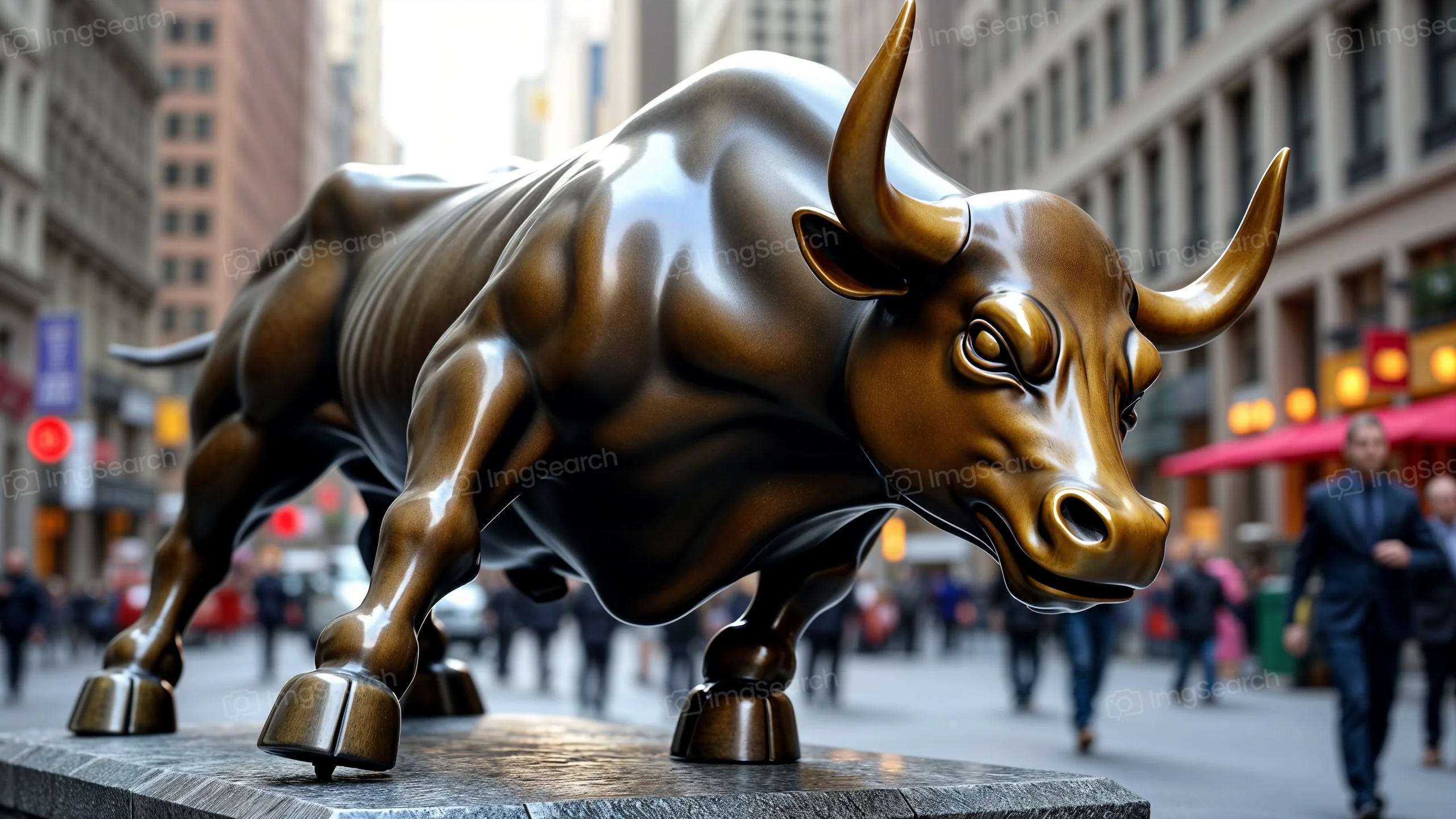 Bronze bull sculpture in a city environment