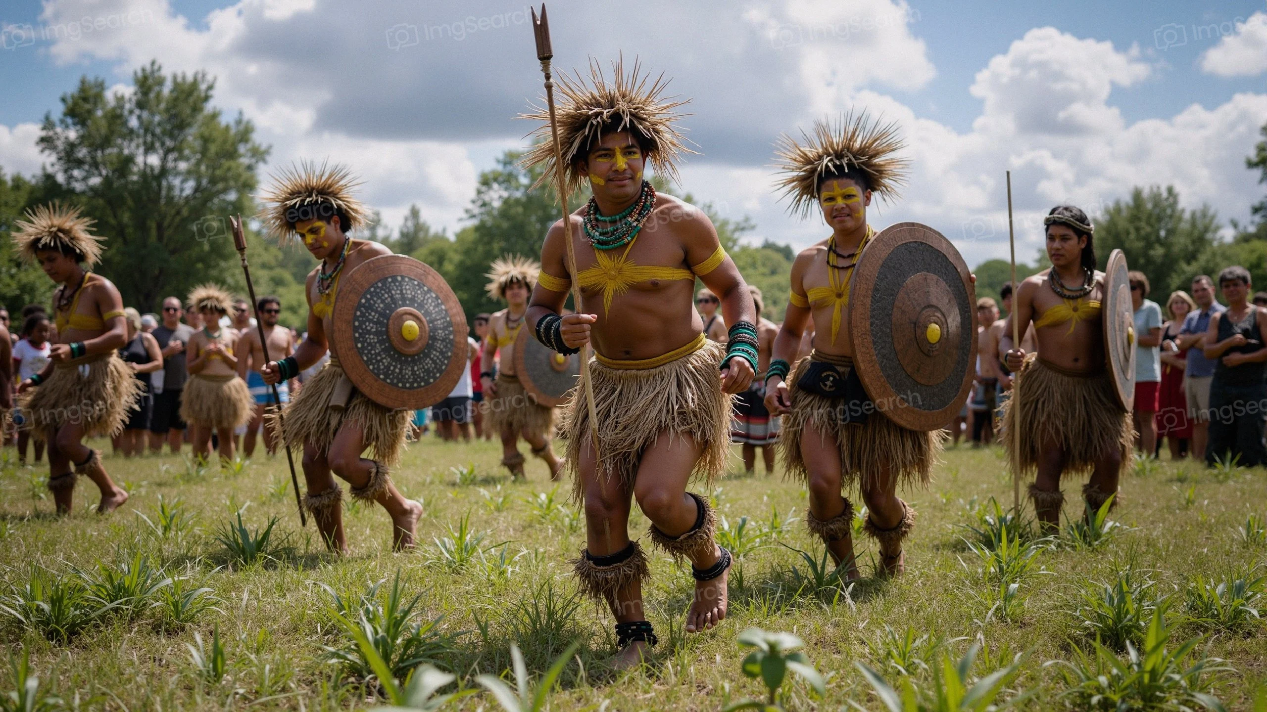 A group of indigenous warriors dressed in traditional outfits, performing in a cultural celebration amidst a green field.