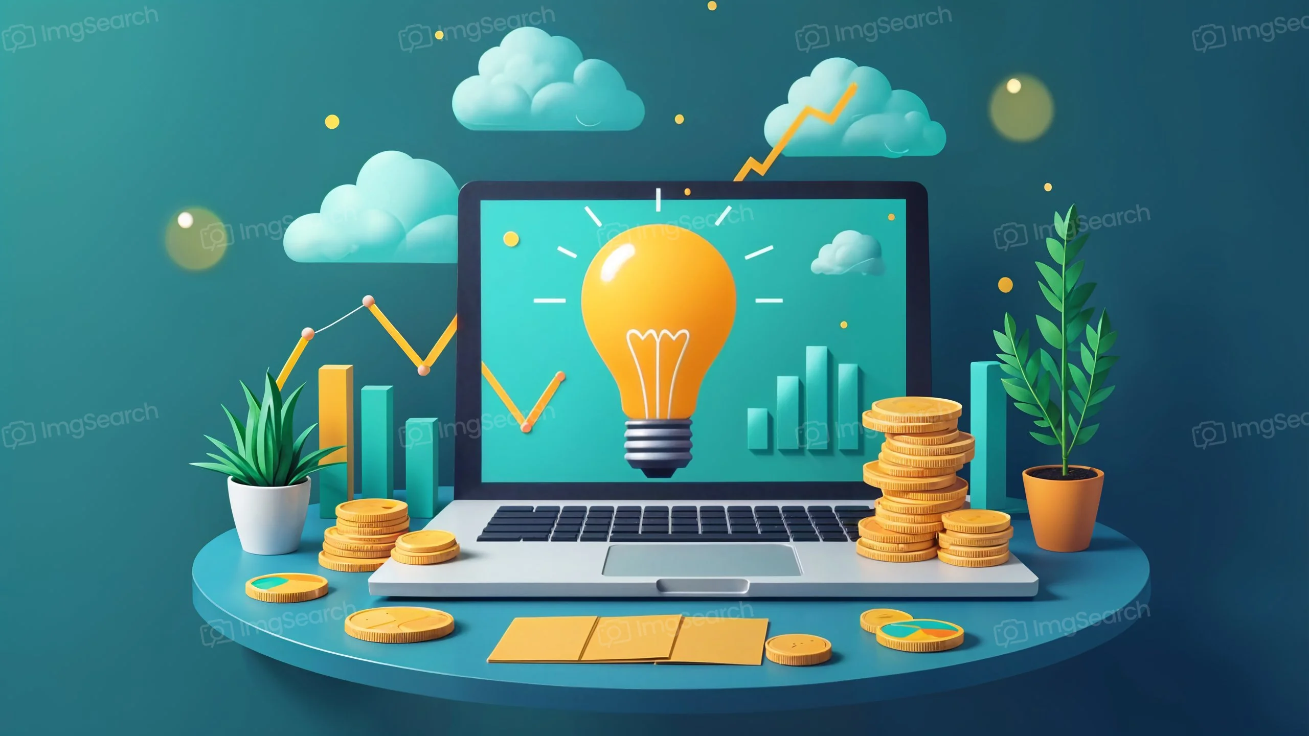 Illustration of a laptop displaying a light bulb with coins, graphs, and plants, symbolizing financial innovation.