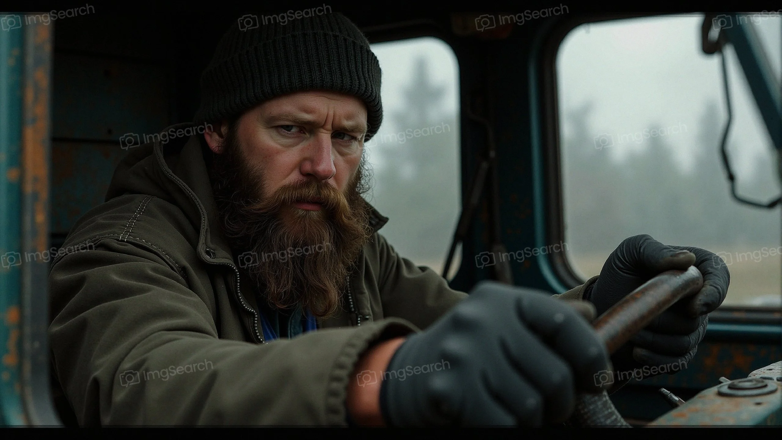 A man with a thick beard beanie driving an old truck.