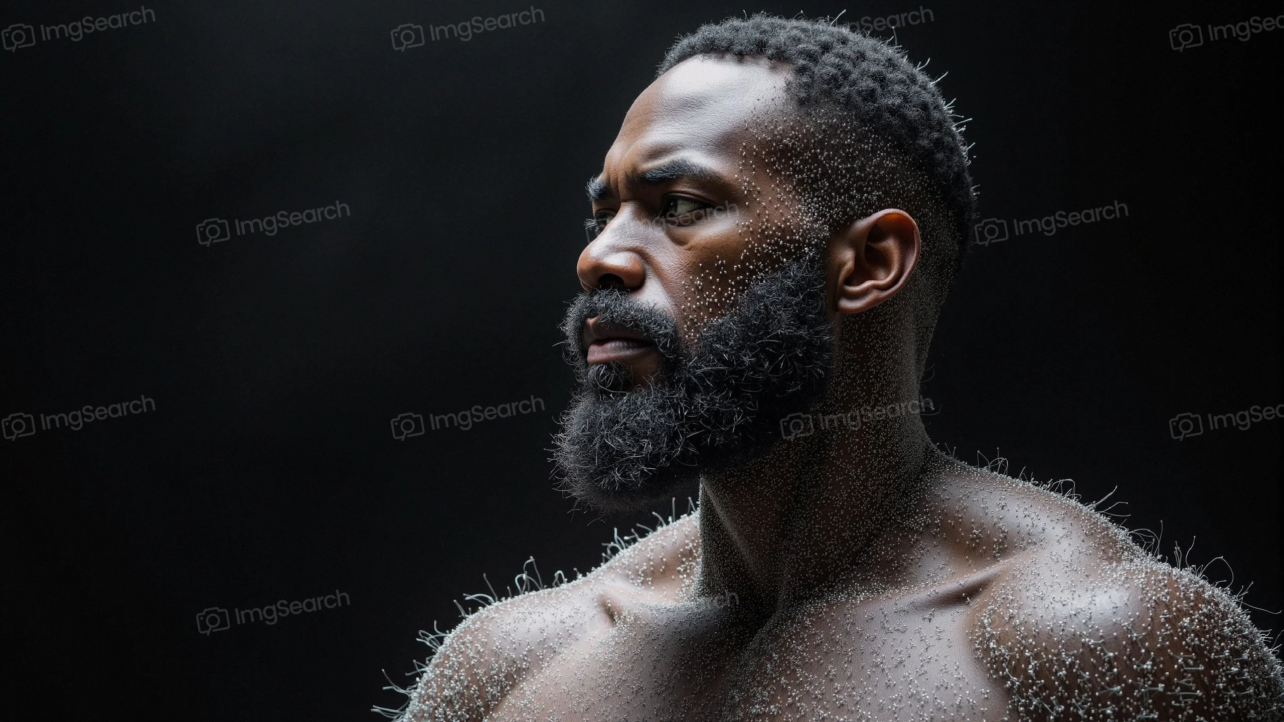 Close-up portrait of a man with a beard water droplets on his skin.