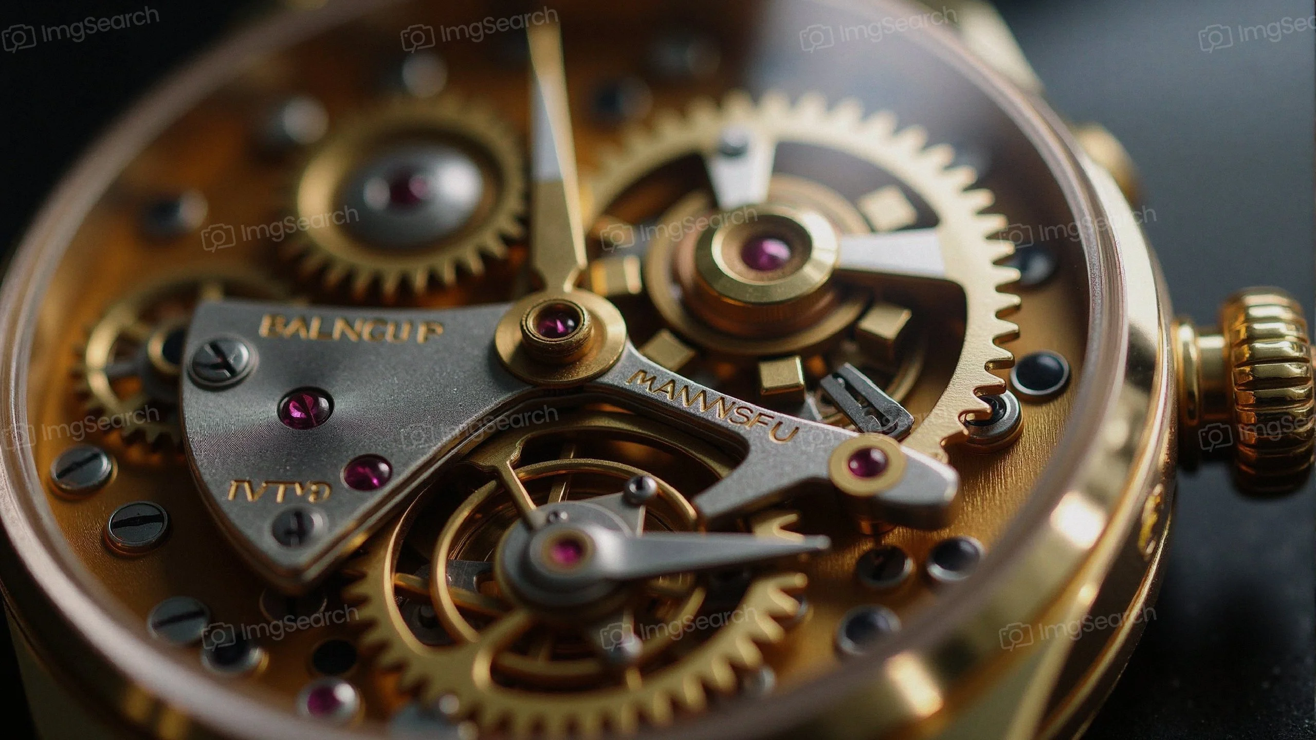 Close-up of a gold watch mechanism with visible gears jewels