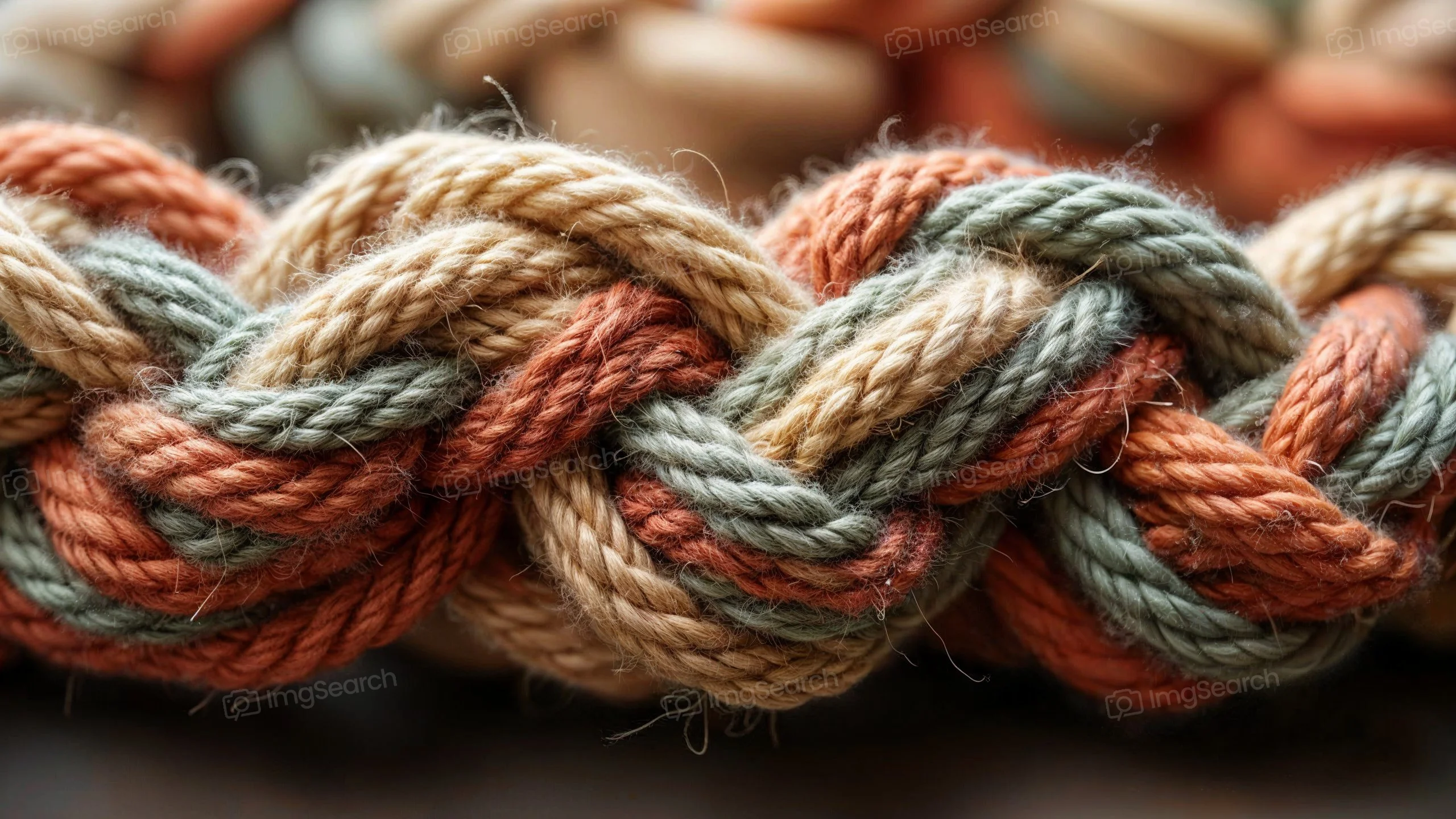 Close-up image of a braided rope in green, orange, and beige colors.