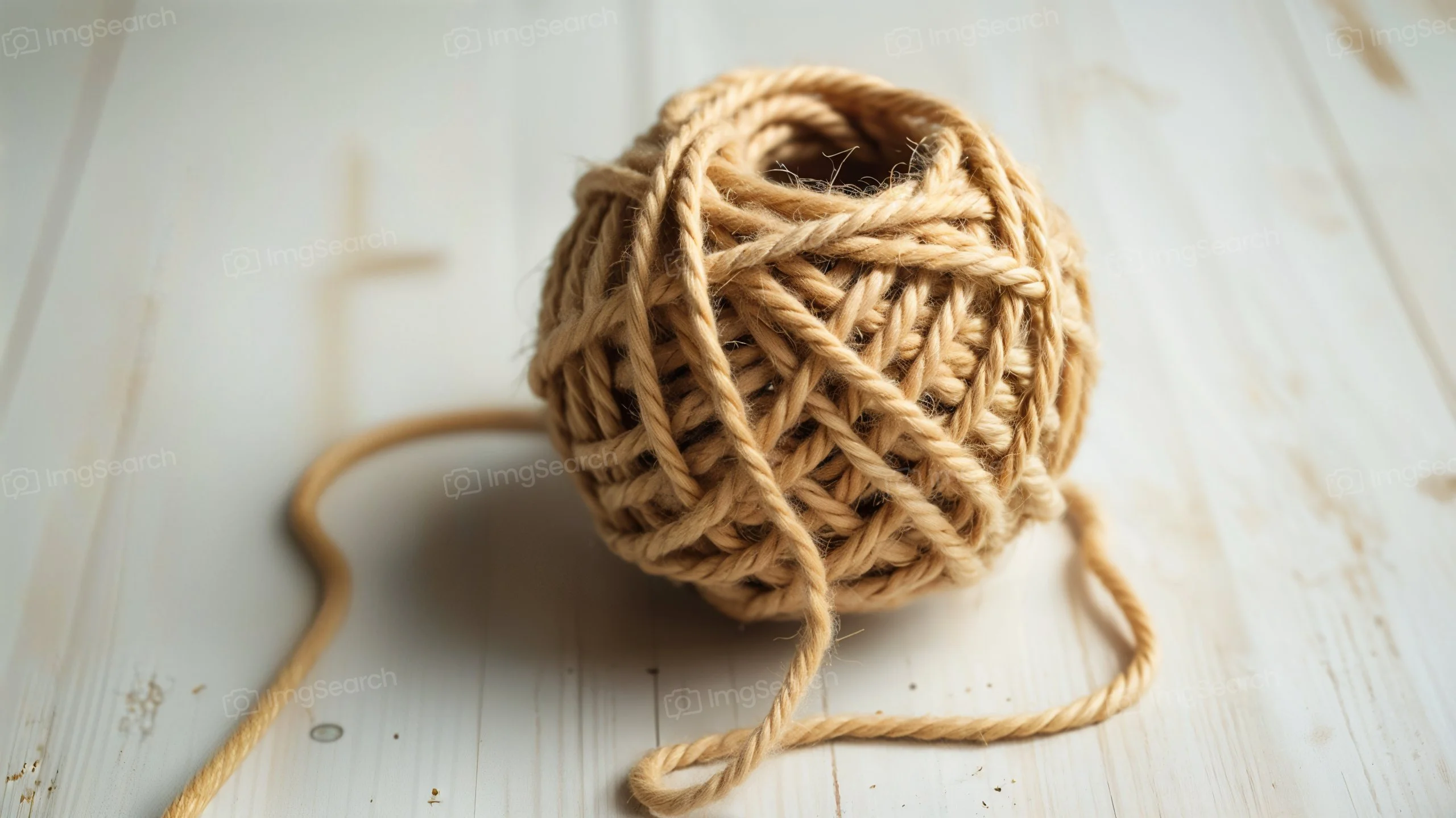 A ball of twine lying on a wooden background