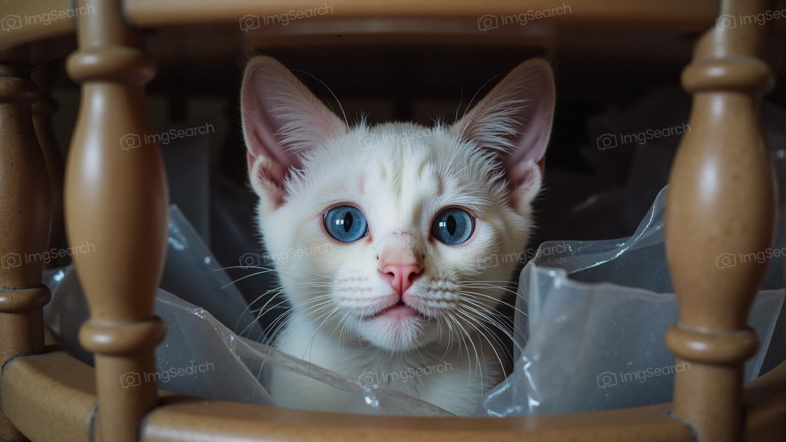 A white kitten with blue eyes peeking out from a wooden chair