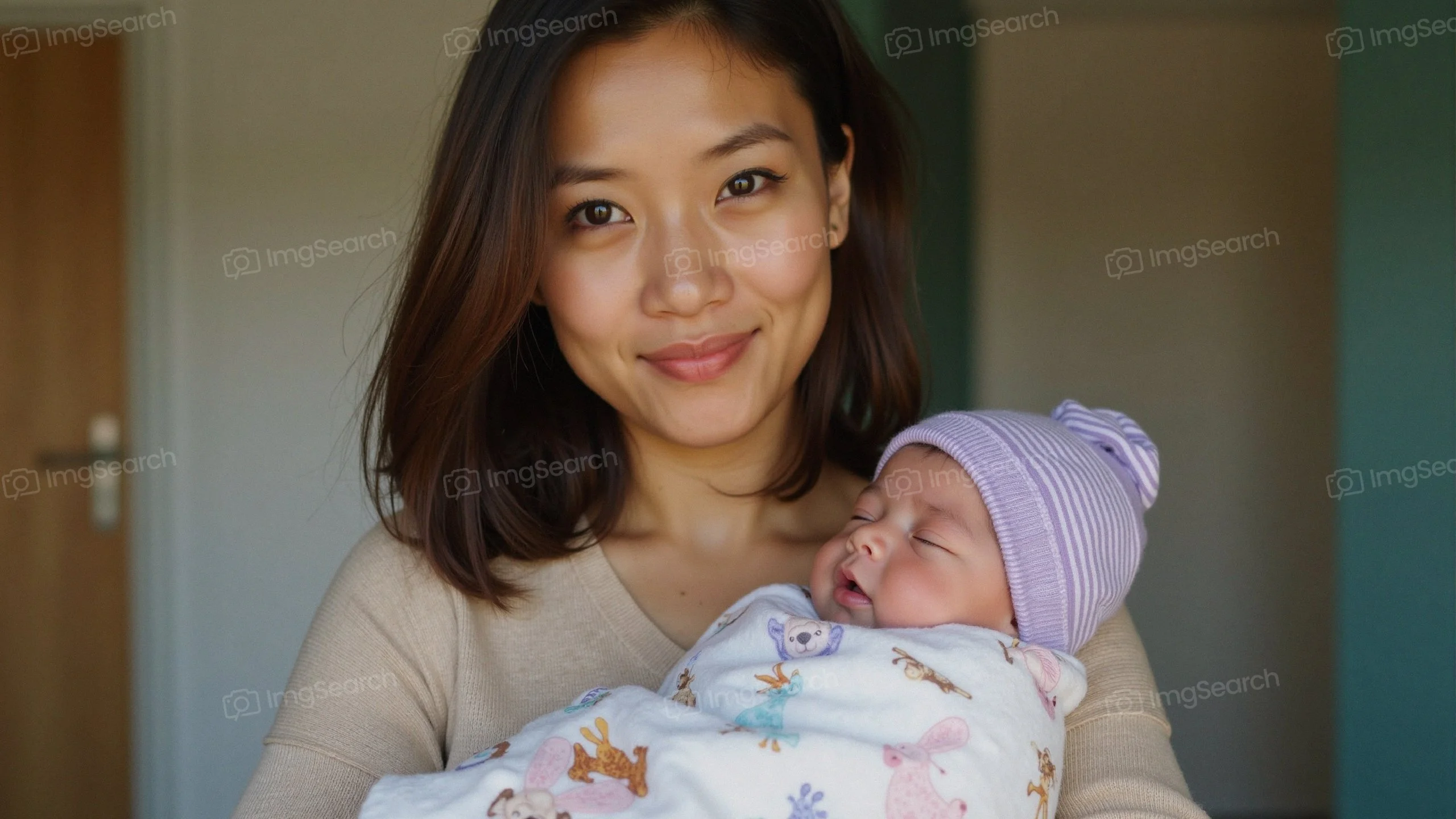 A smiling young mother holding her peacefully sleeping baby wrapped in a colorful blanket