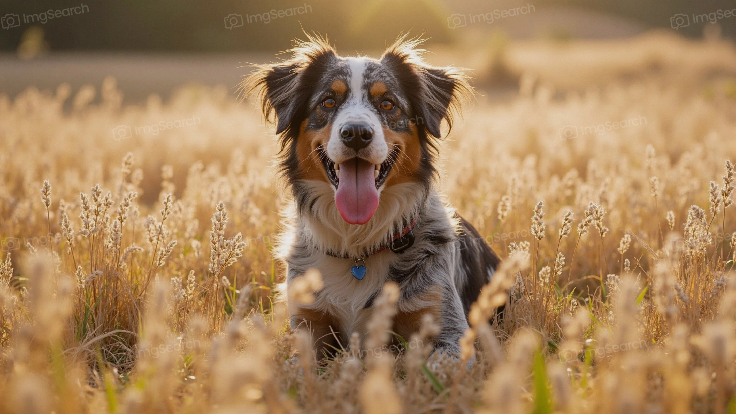 A happy dog with a playful expression sitting in a golden field during sunset.