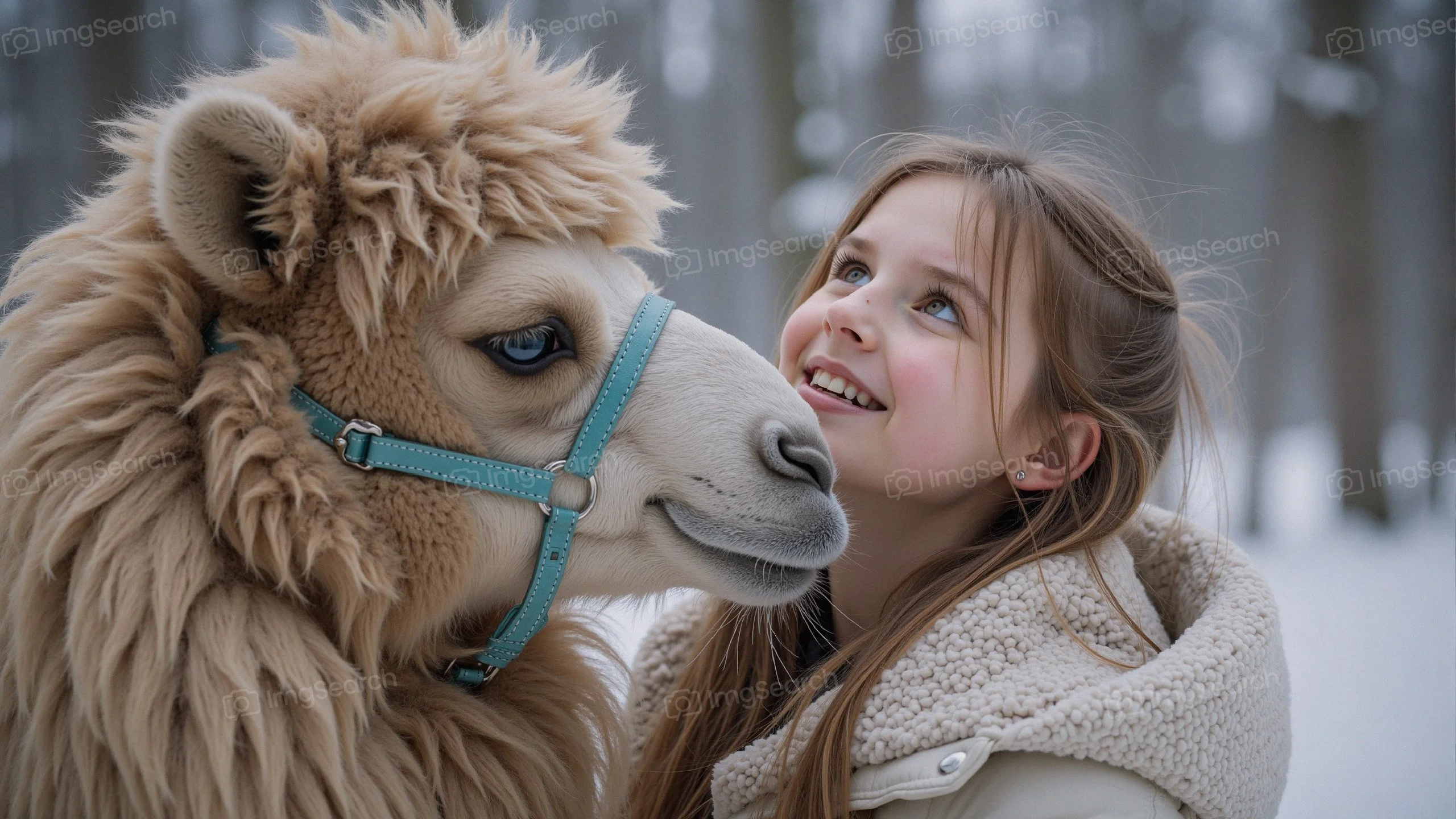 A young girl smiles at a camel in a snowy landscape, depicting joy companionship.