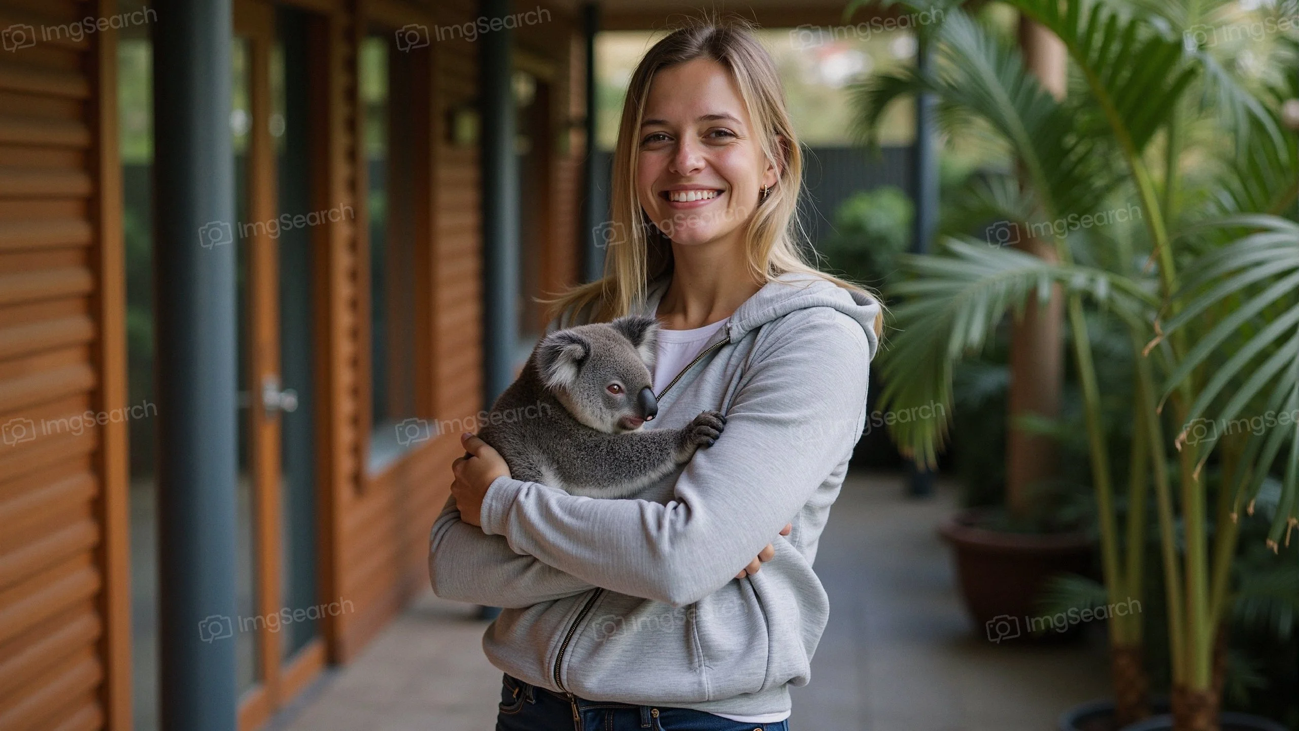 A young woman smiling while holding a koala in a natural indoor setting.