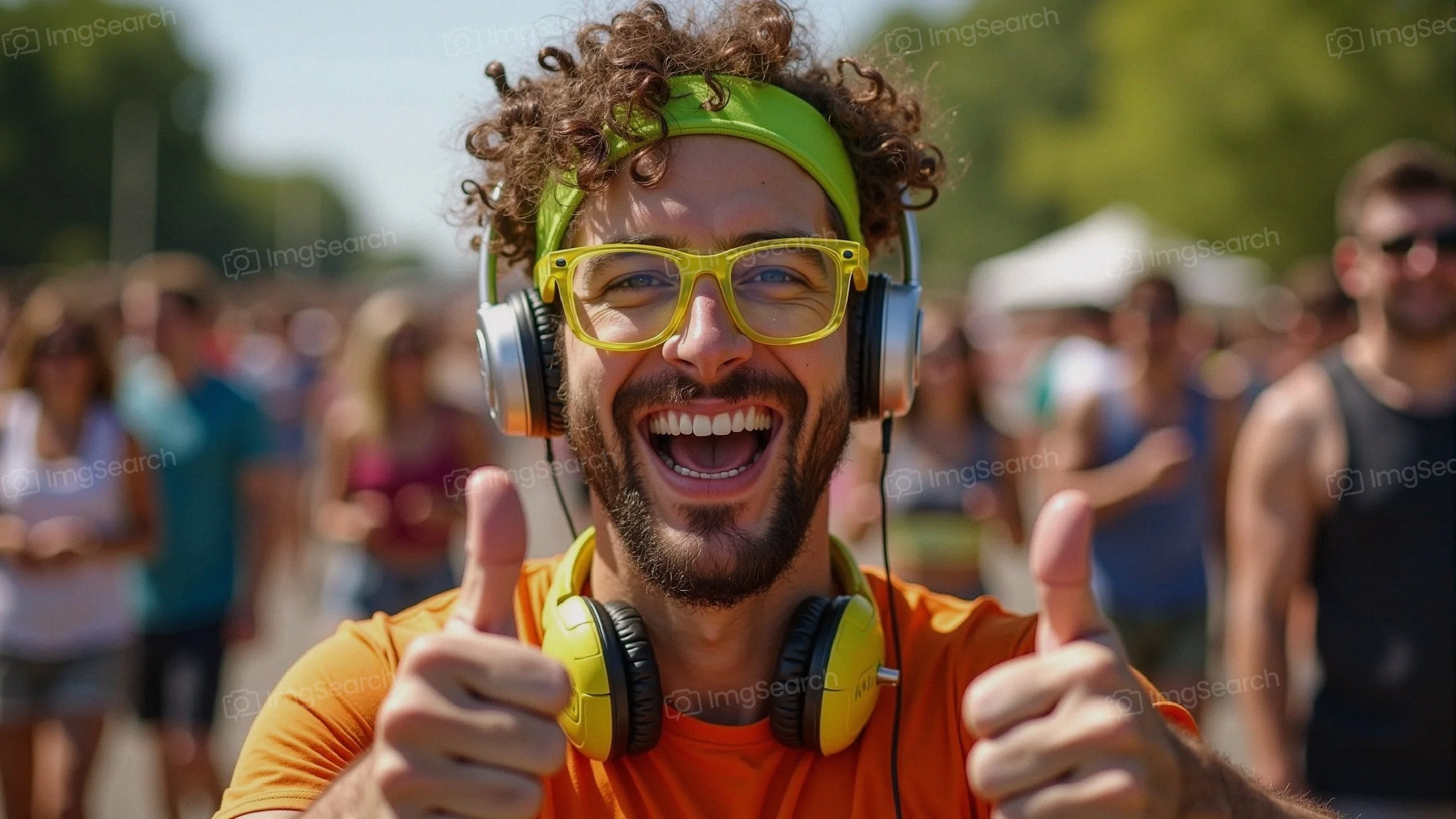 A young man with curly hair colorful accessories smiles gives two thumbs up in a festival setting.