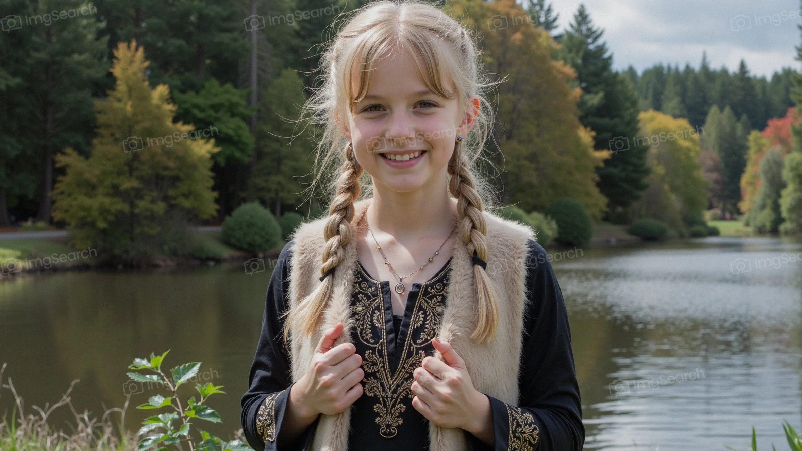 A young girl with braids in a black dress standing by a lake with autumn trees.
