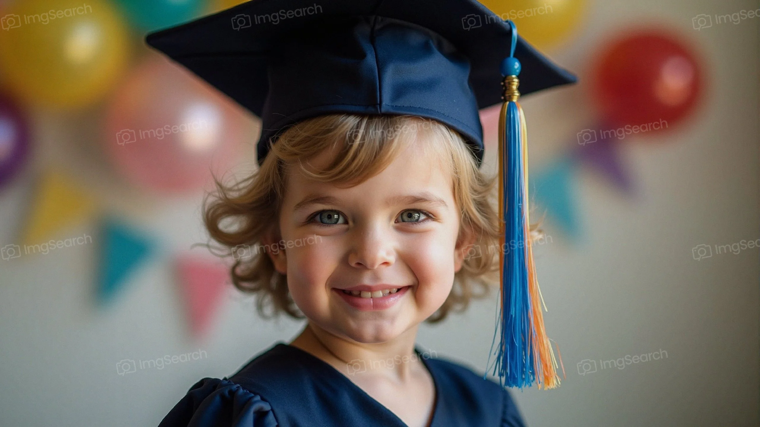 A cheerful child in a graduation cap gown, smiling against a colorful background of balloons.