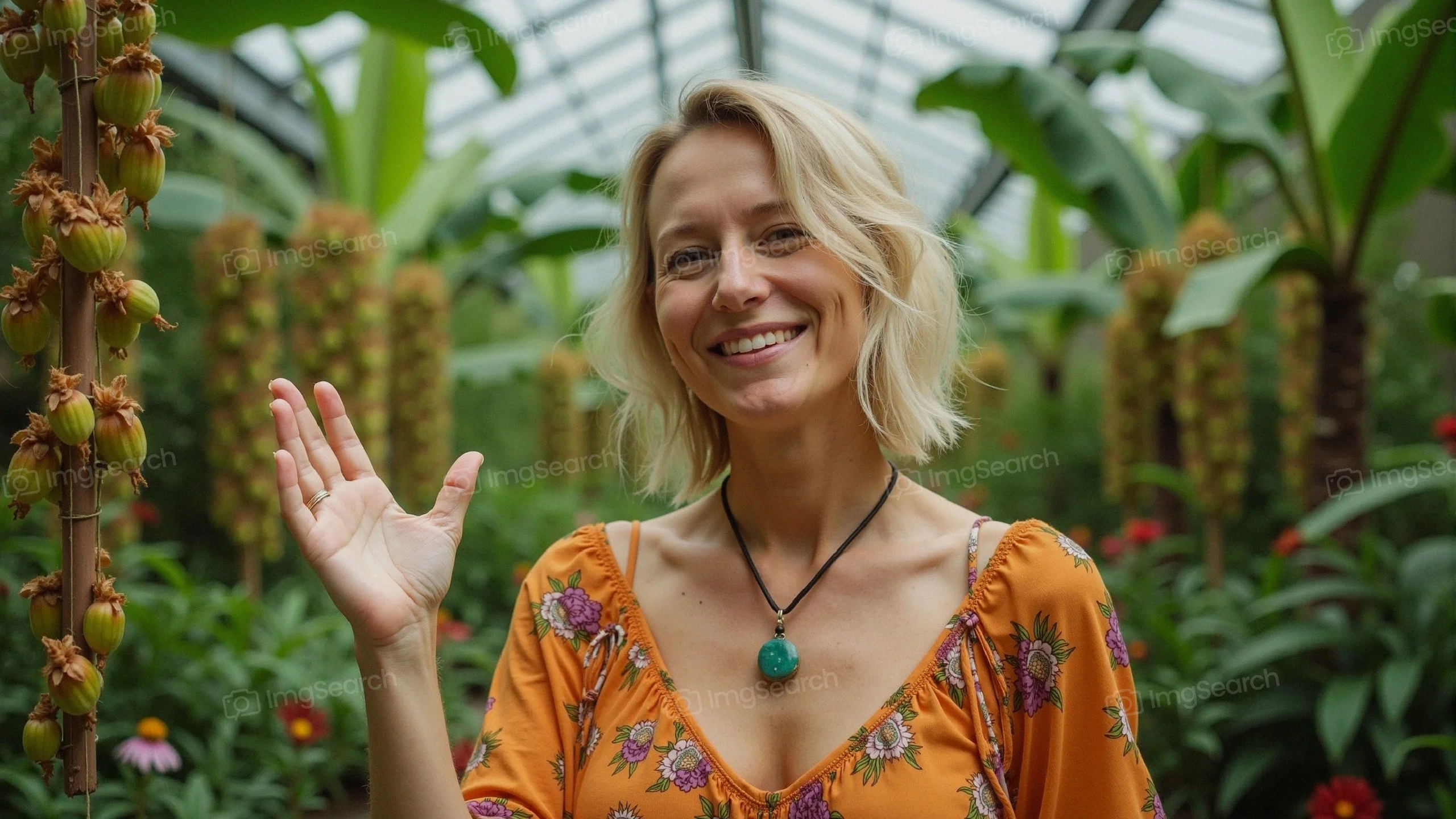 A smiling woman in a colorful top waves in a lush greenhouse filled with tropical plants.