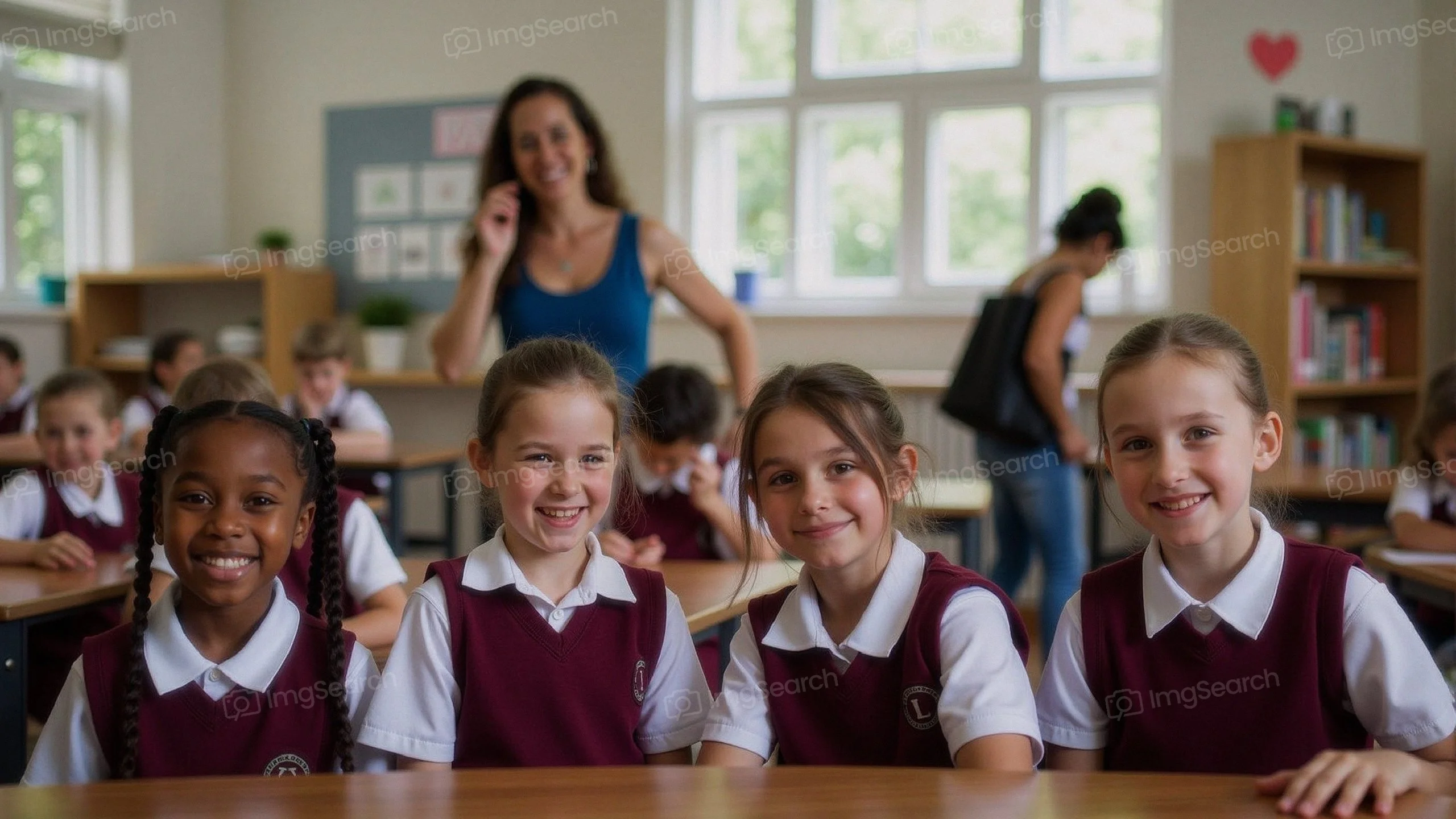 Four smiling schoolgirls in a classroom setting with a teacher in the background