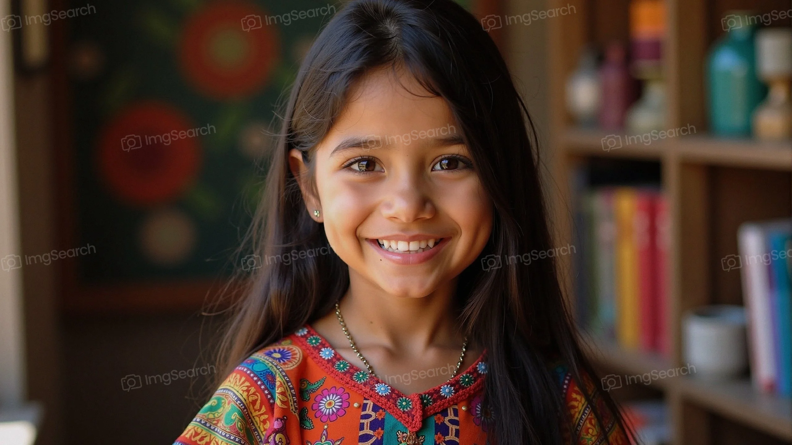 Happy young girl in colorful traditional dress smiling at the camera