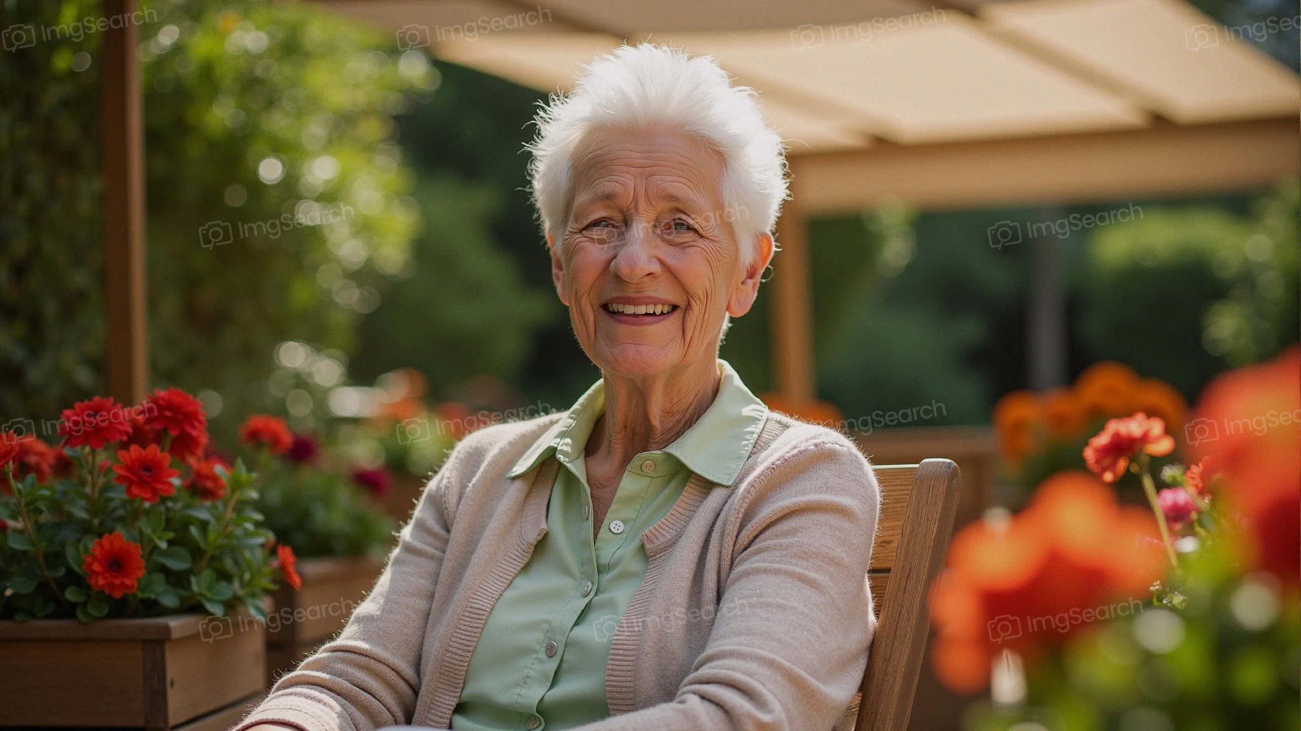 Elderly woman smiling in a colorful garden.