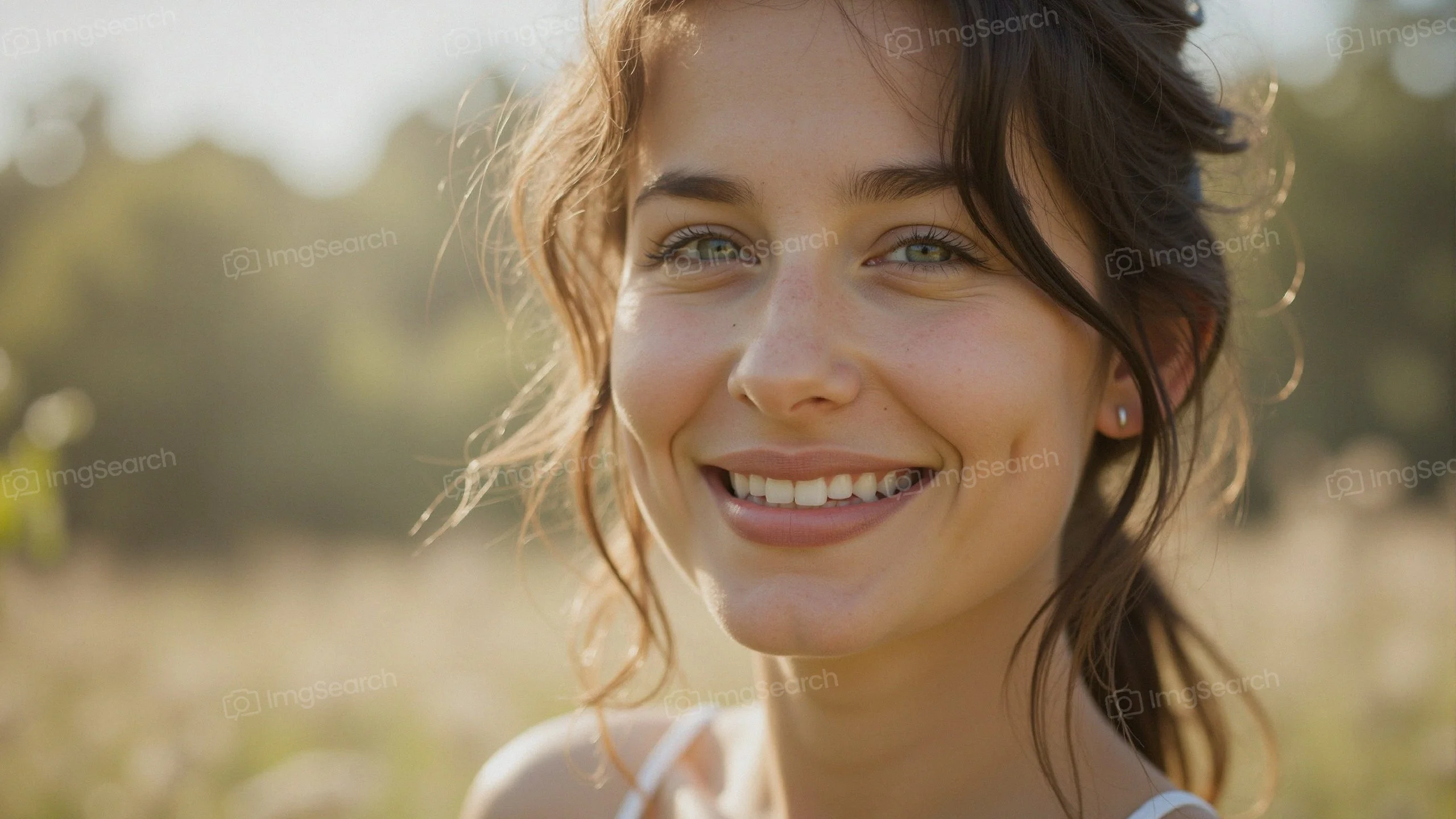 A young woman smiling in a sunlit meadow filled with tall grass.