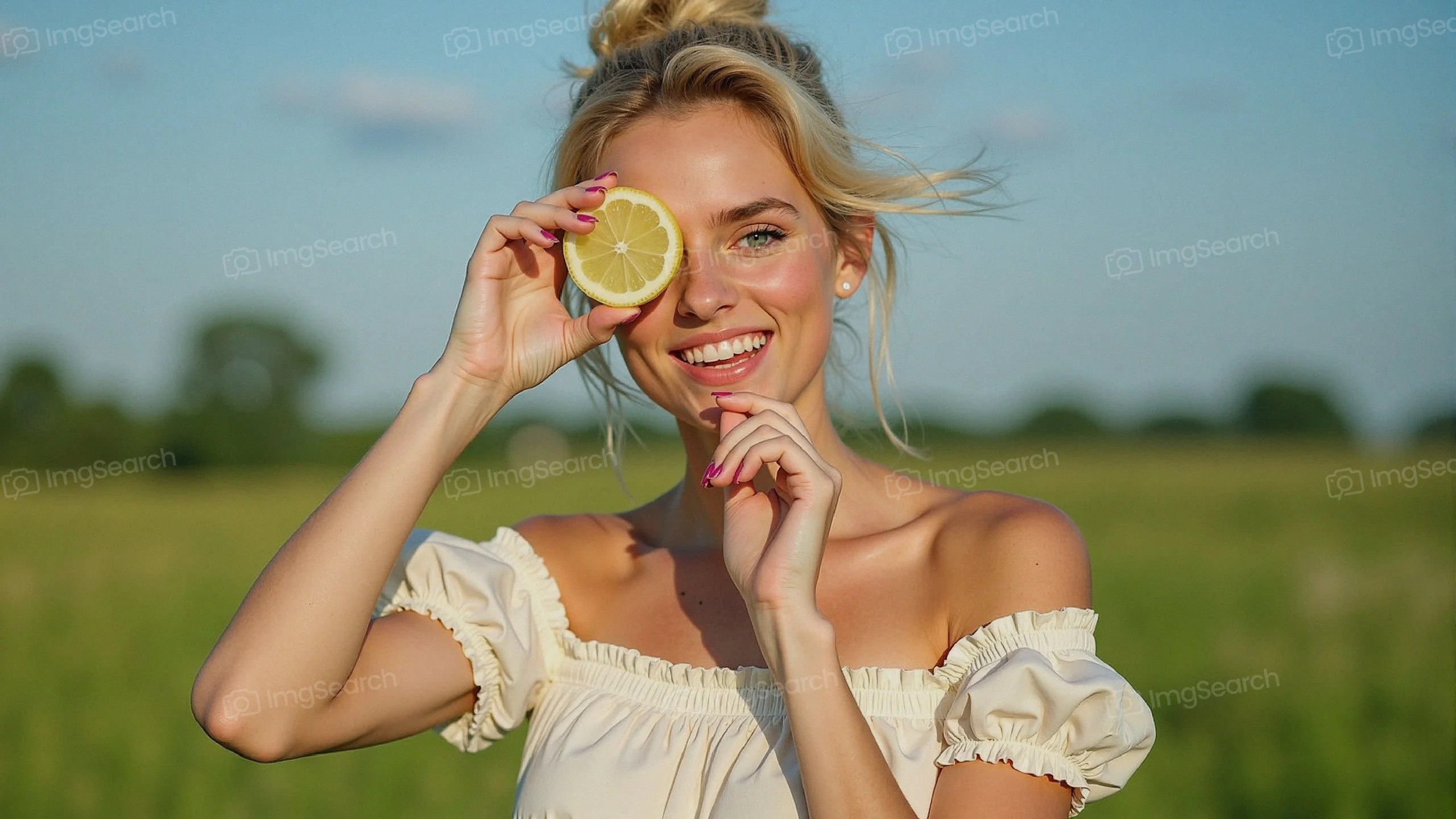 A smiling woman in a field holding a lemon slice, with a sunny sky in the background.