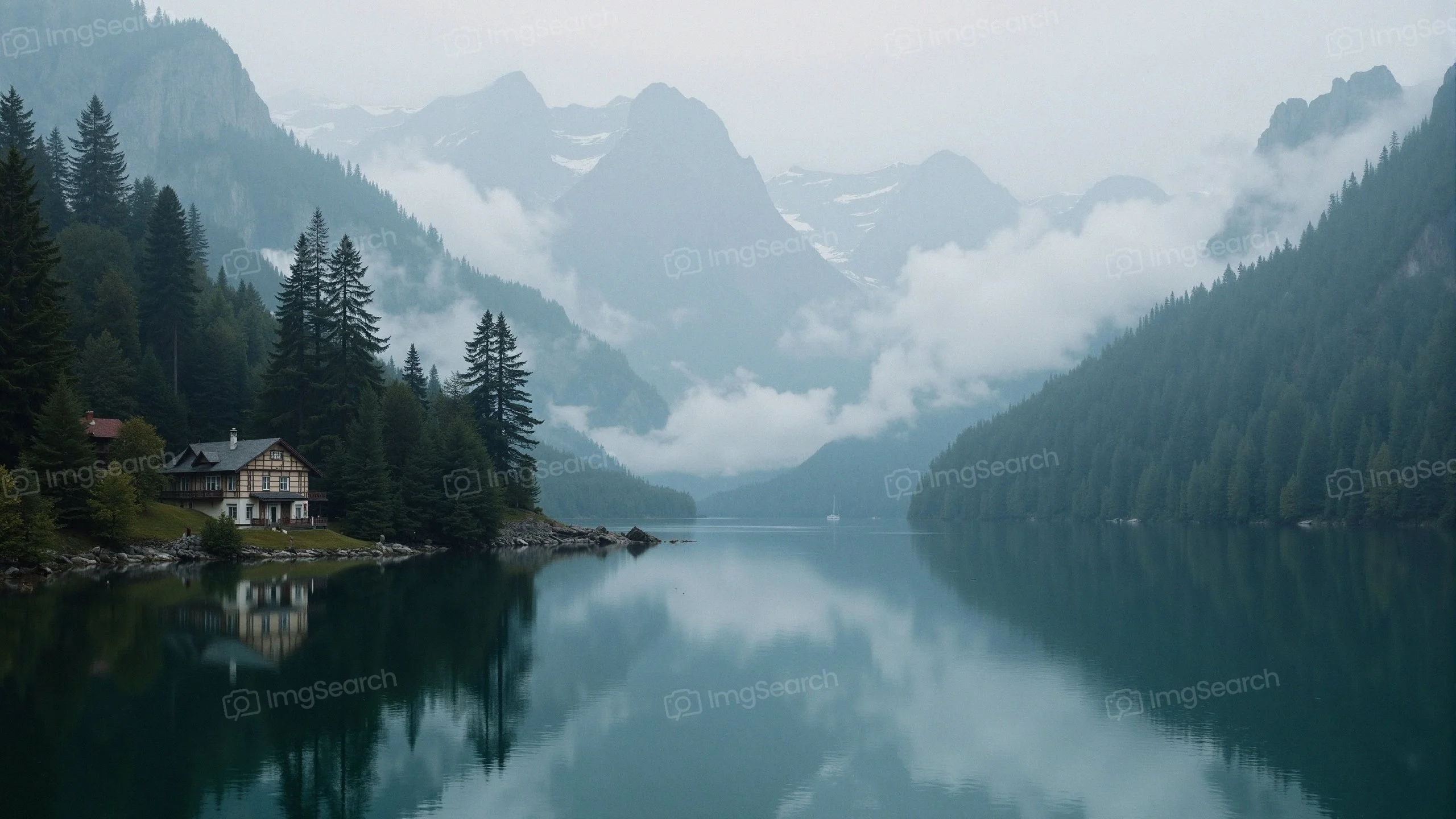 A tranquil lakeside scene with a house surrounded by trees misty mountains in the background.