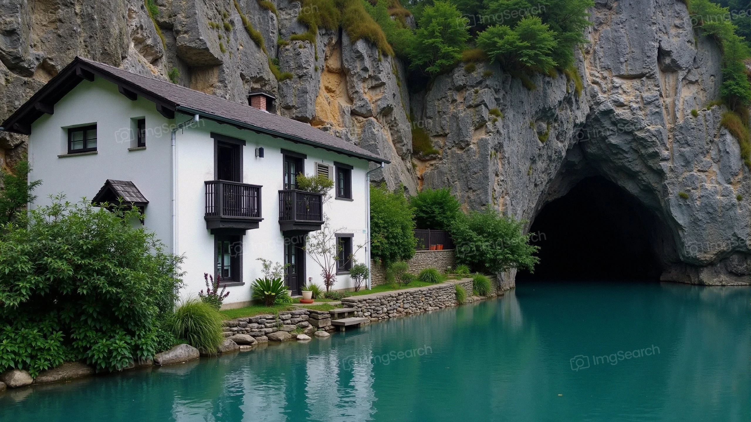 A lakeside house beside a turquoise lake a cave entrance